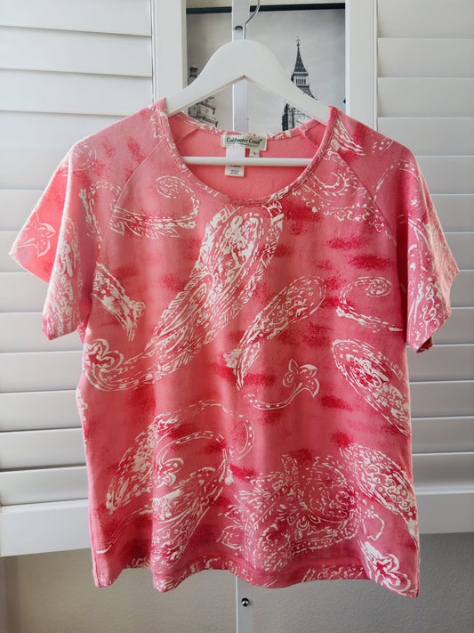Coldwater Creek Pink Paisley Knit Tee Shirt Size L