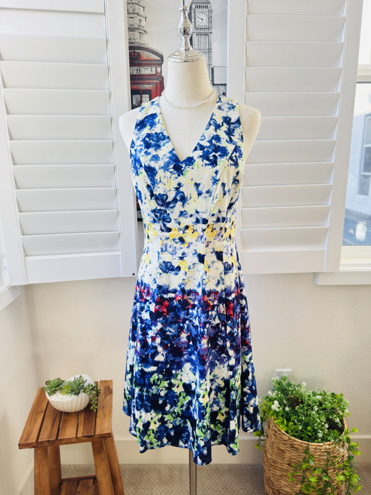 Maggy London Blue & Yellow Floral V-Neck Fit & Flare Dress Size 6