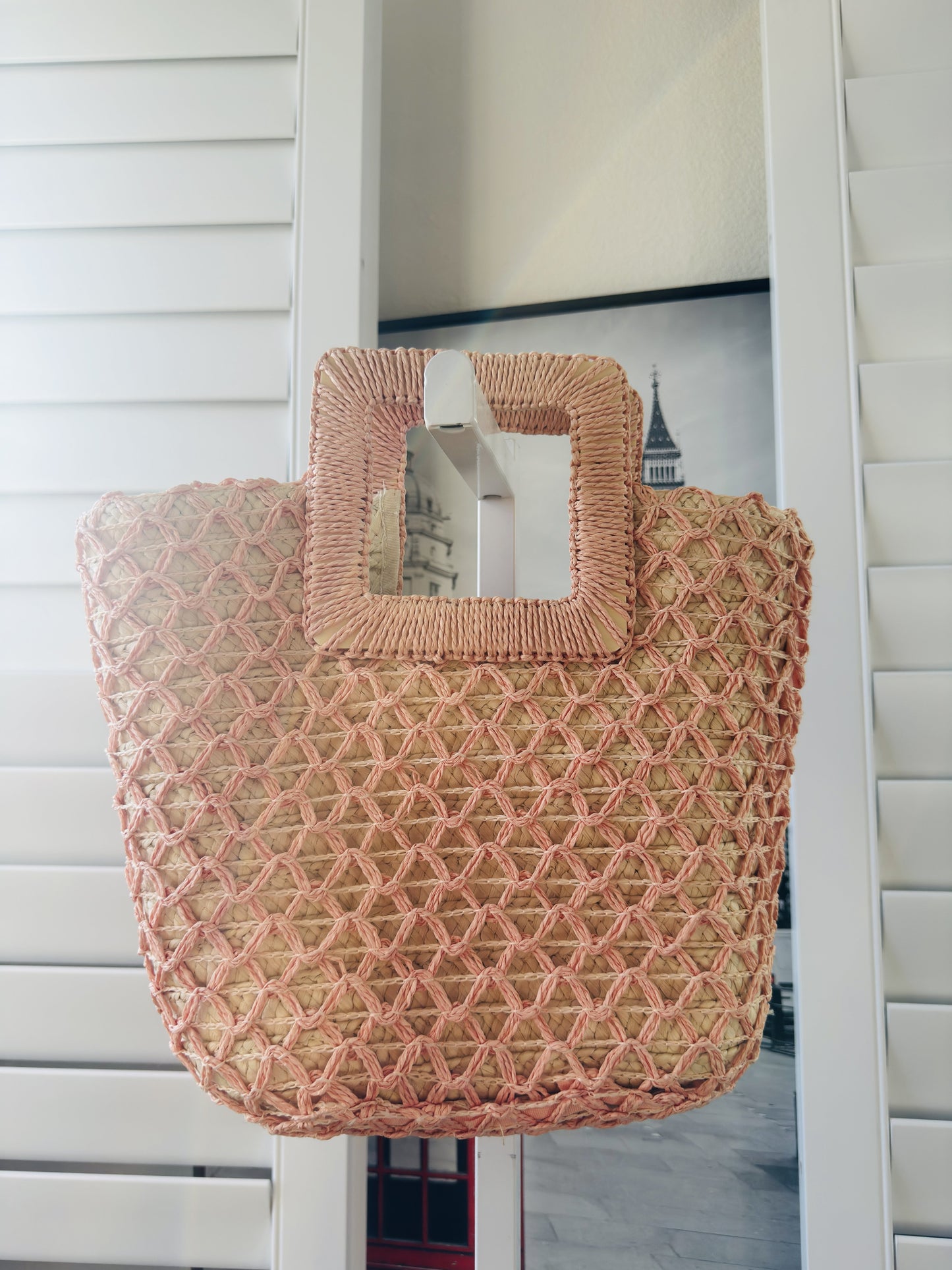 Pink Woven Paper Straw Diamond Pattern Tote Bag - One Size