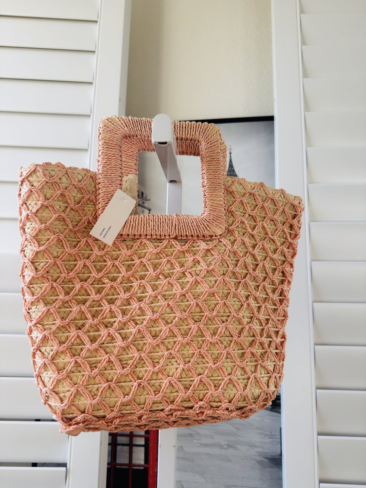 Pink Woven Paper Straw Diamond Pattern Tote Bag - One Size