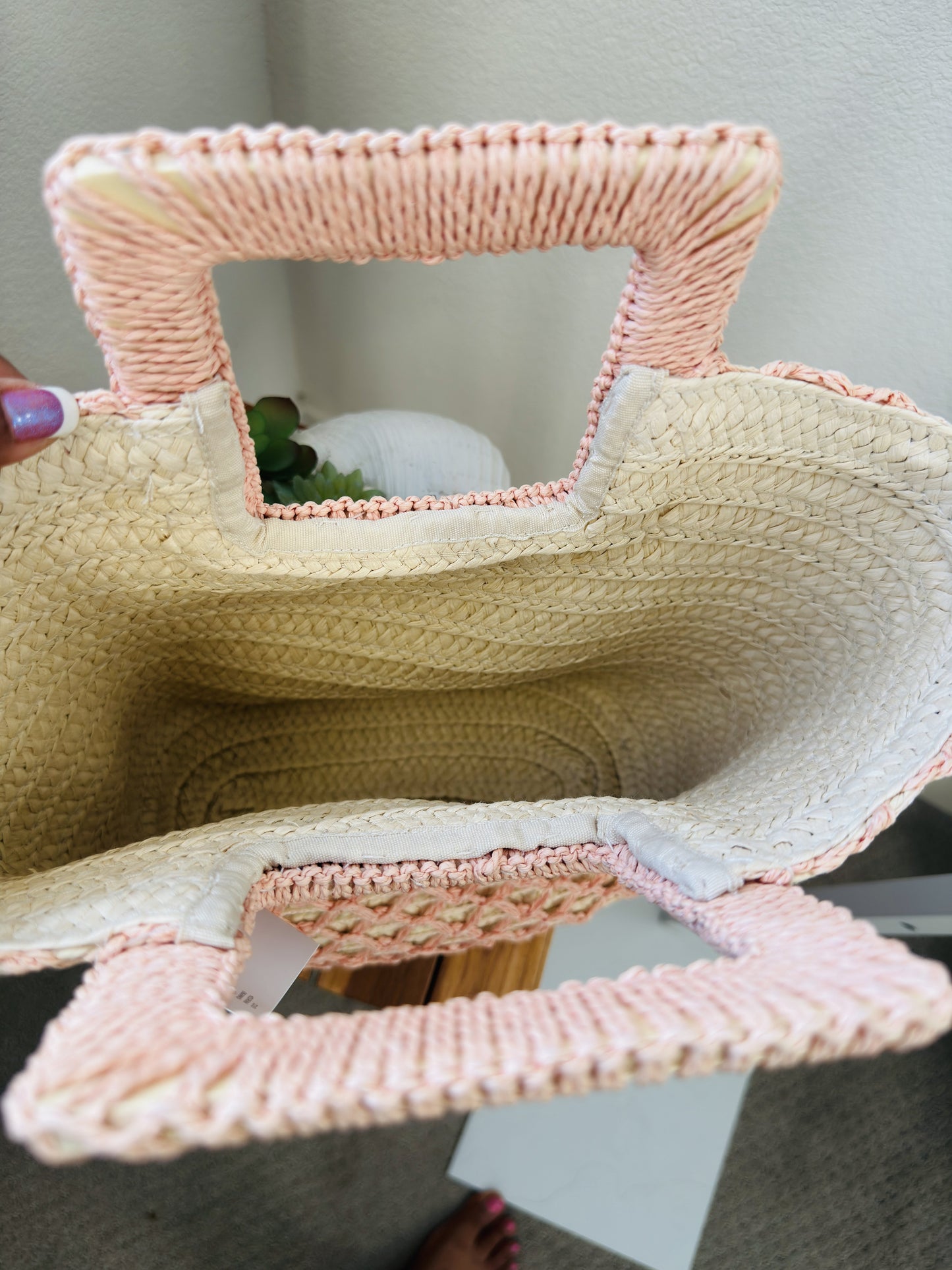 Pink Woven Paper Straw Diamond Pattern Tote Bag - One Size