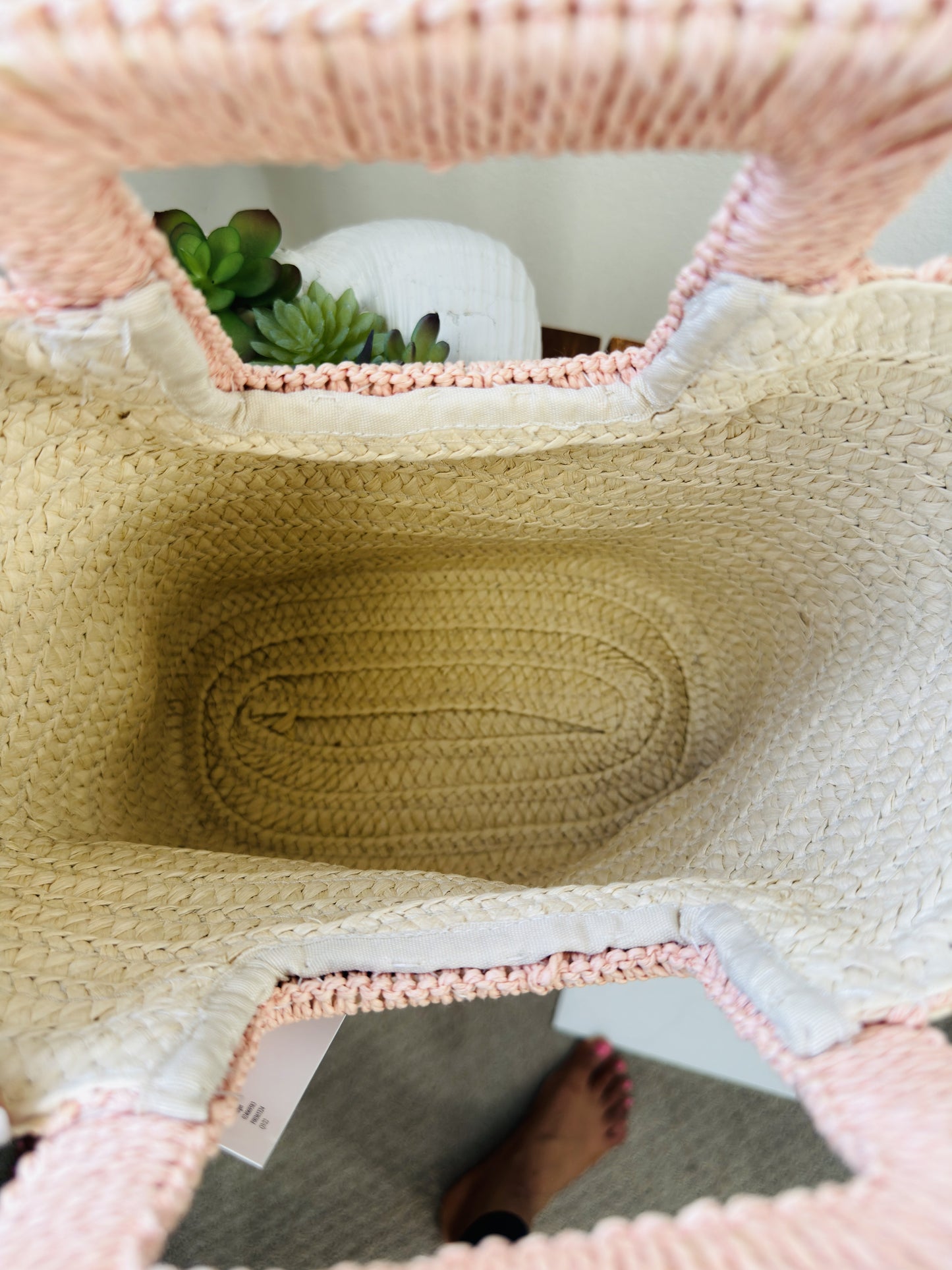 Pink Woven Paper Straw Diamond Pattern Tote Bag - One Size