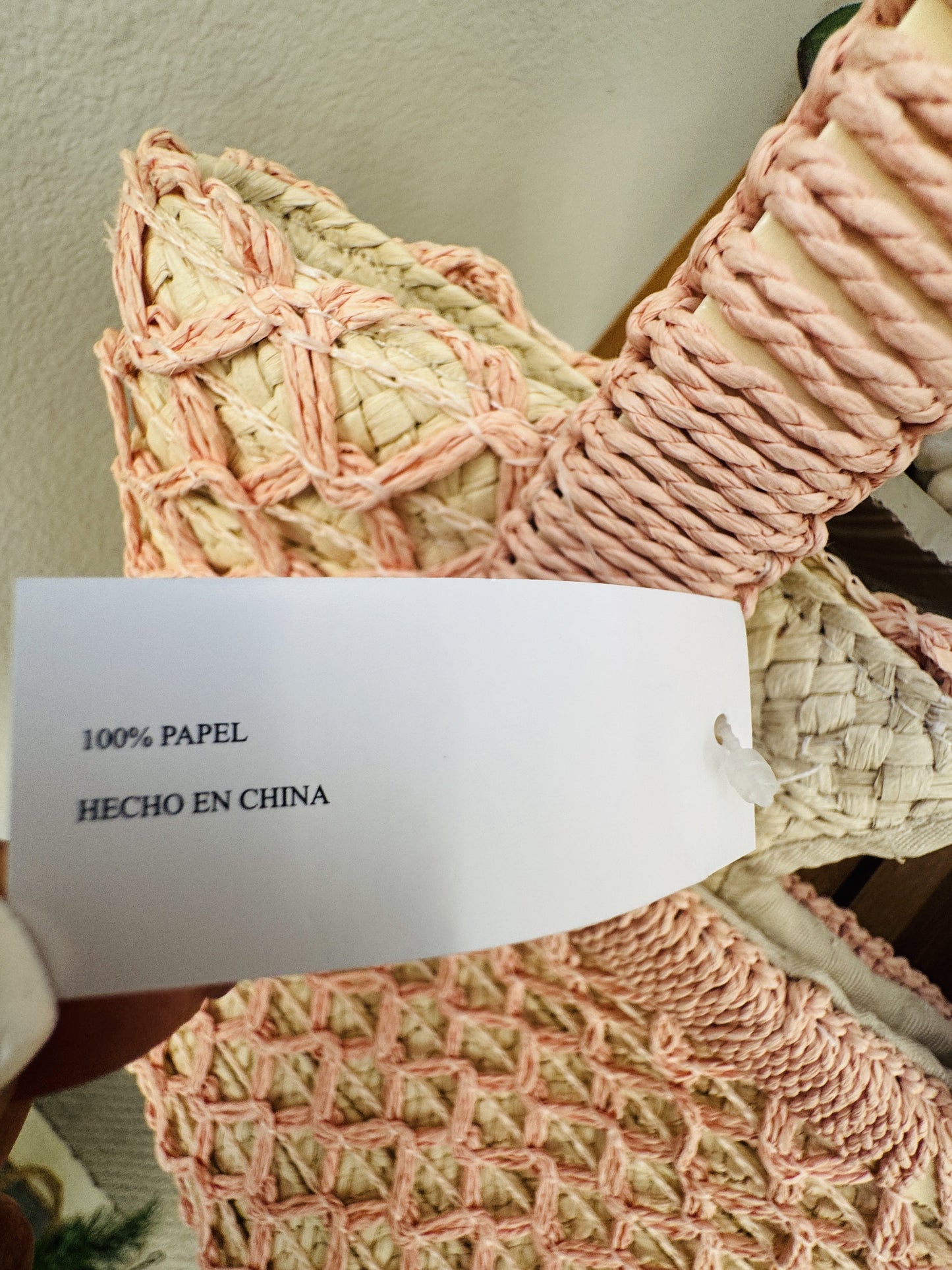 Pink Woven Paper Straw Diamond Pattern Tote Bag - One Size
