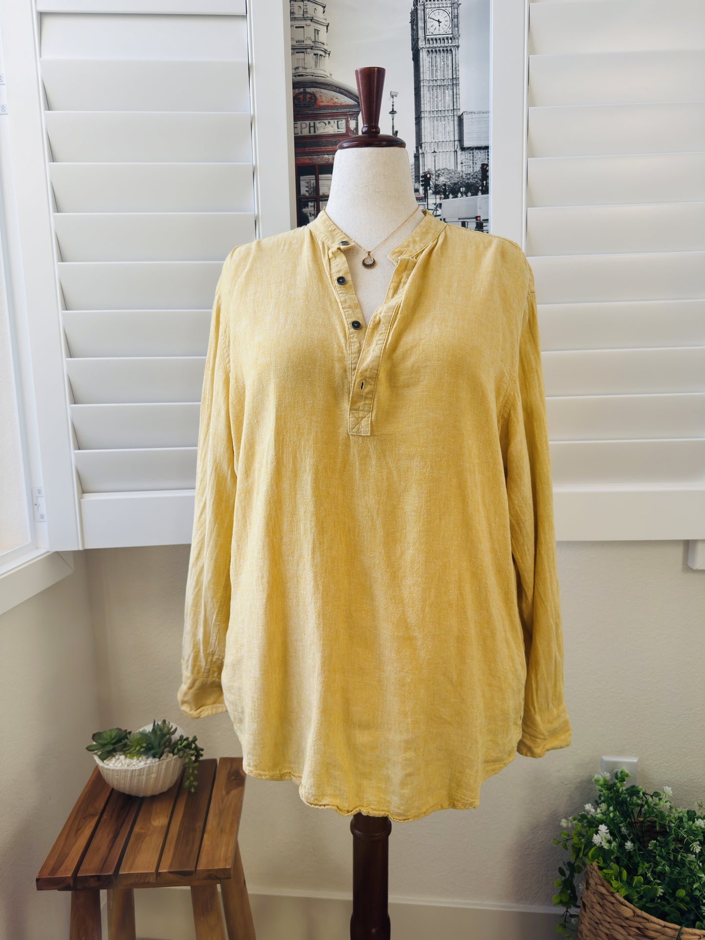 INC International Concepts Women’s Yellow Linen Blend Henley Shirt Size L