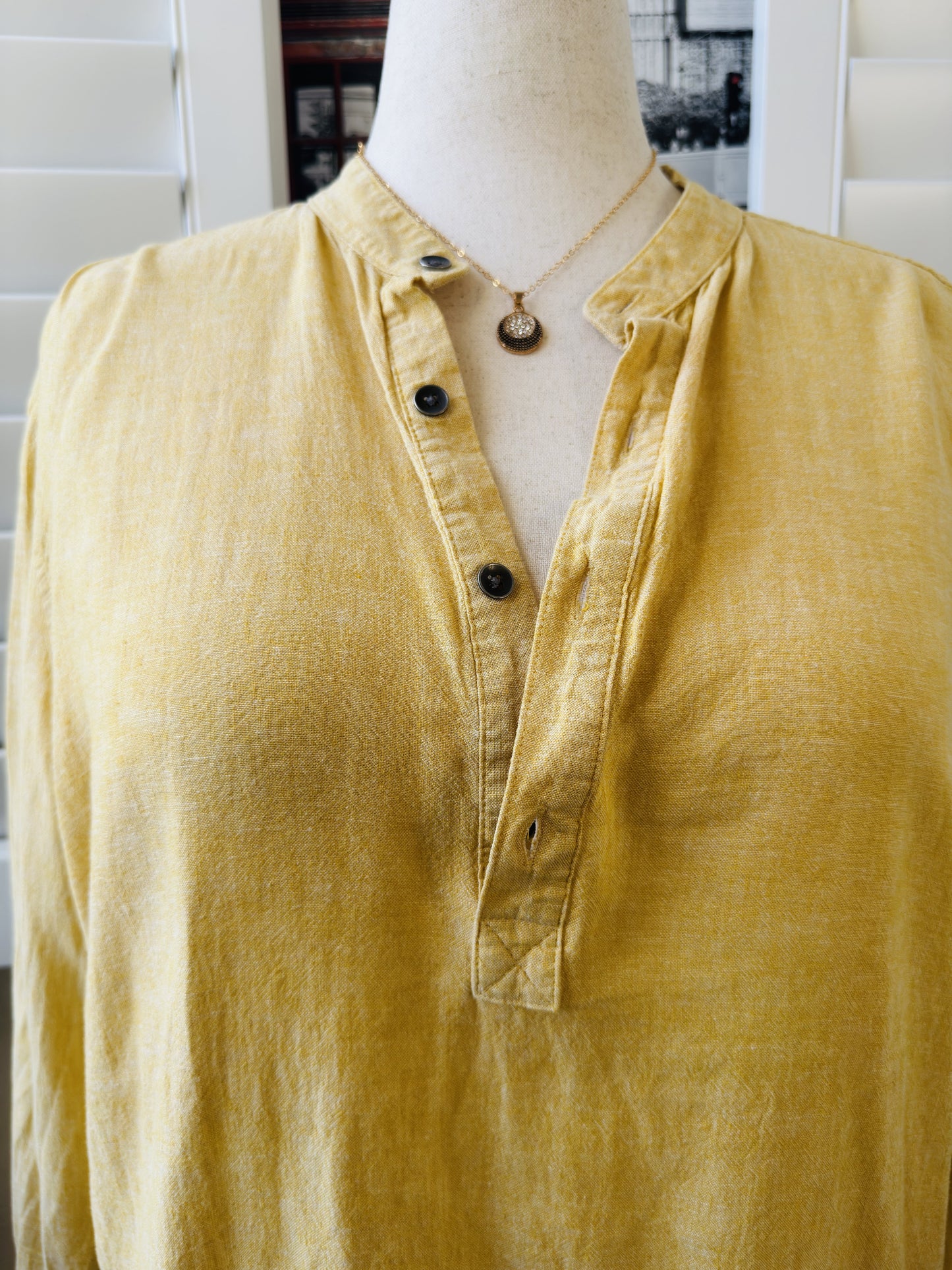 INC International Concepts Women’s Yellow Linen Blend Henley Shirt Size L