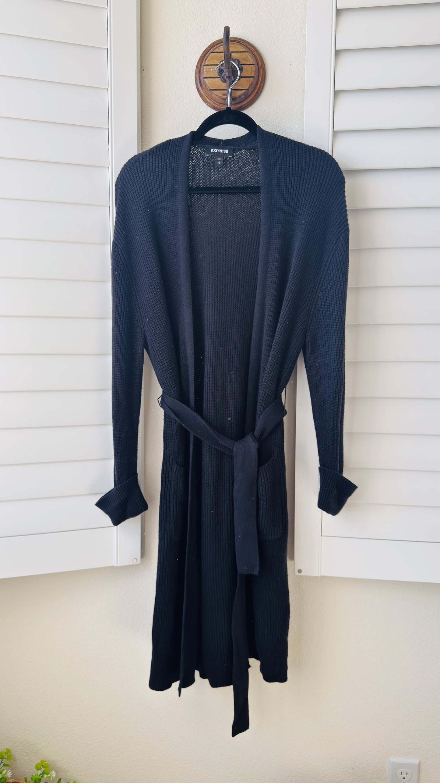 Express Black Ribbed Belted Long Cardigan - Size M