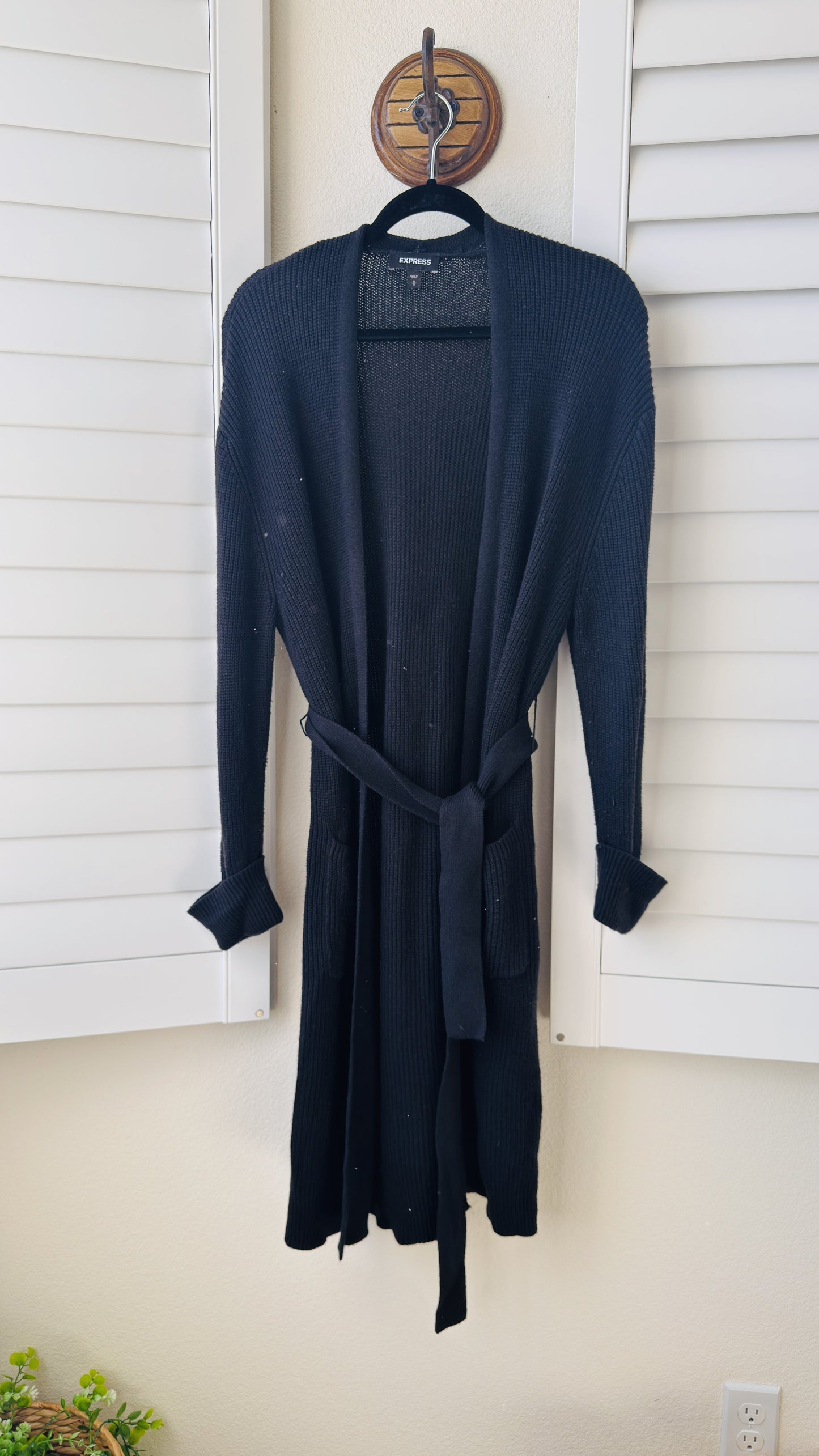 Express Black Ribbed Belted Long Cardigan - Size M