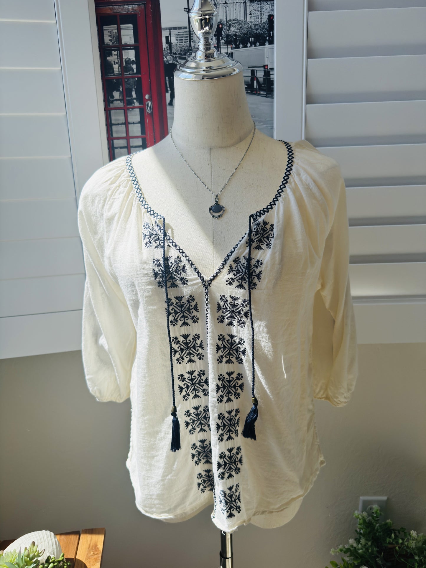 Cream Embroidered Tassel Boho Peasant Blouse - Size M