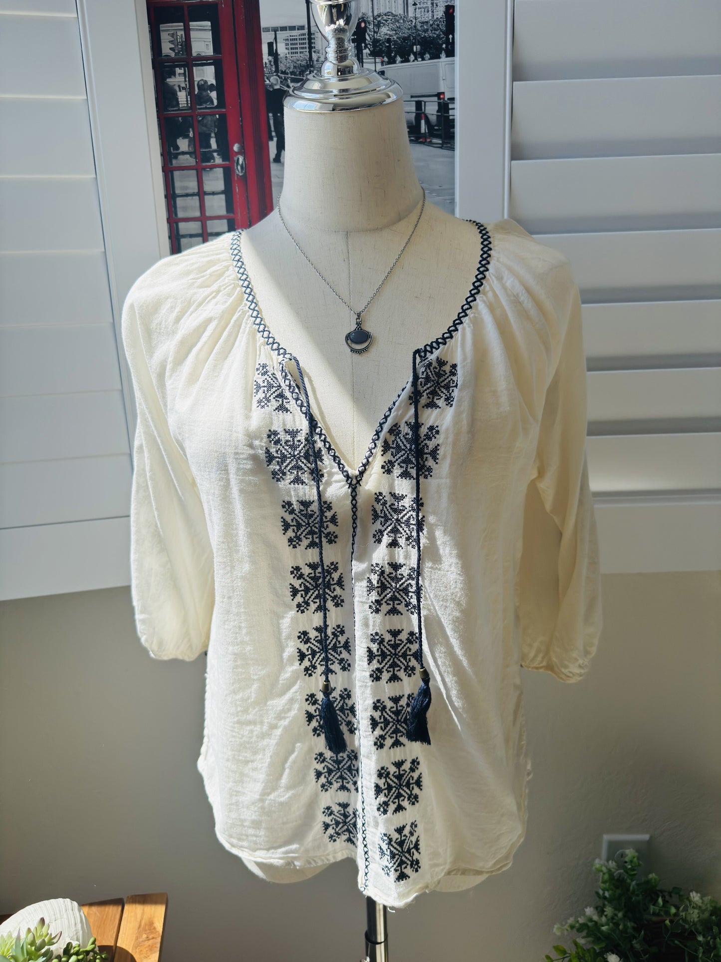 Cream Embroidered Tassel Boho Peasant Blouse - Size M