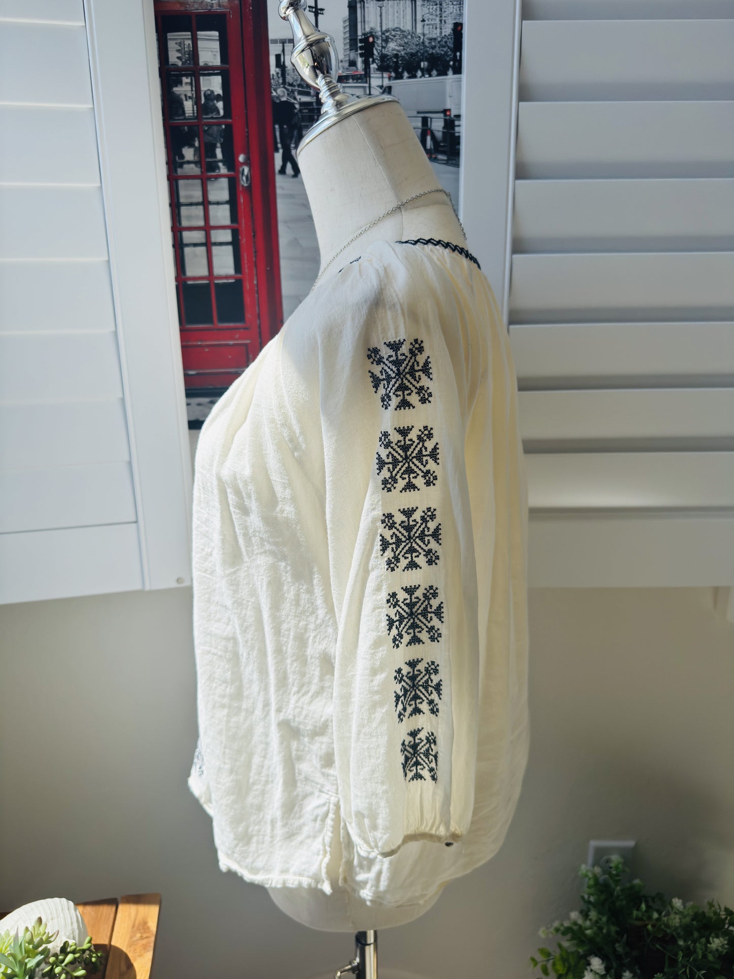 Cream Embroidered Tassel Boho Peasant Blouse - Size M
