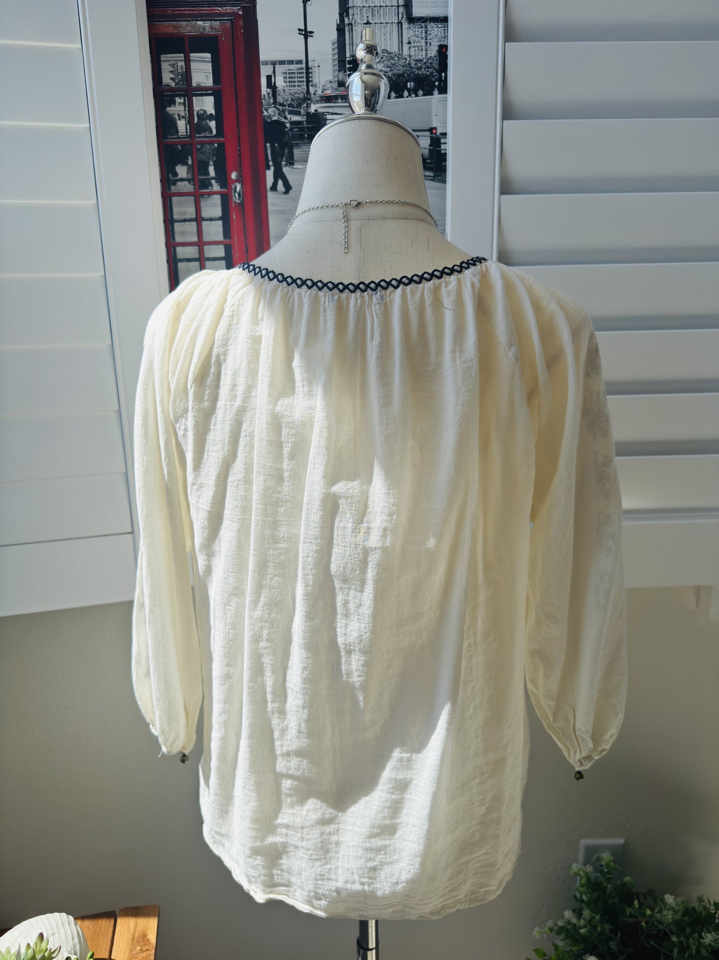 Cream Embroidered Tassel Boho Peasant Blouse - Size M