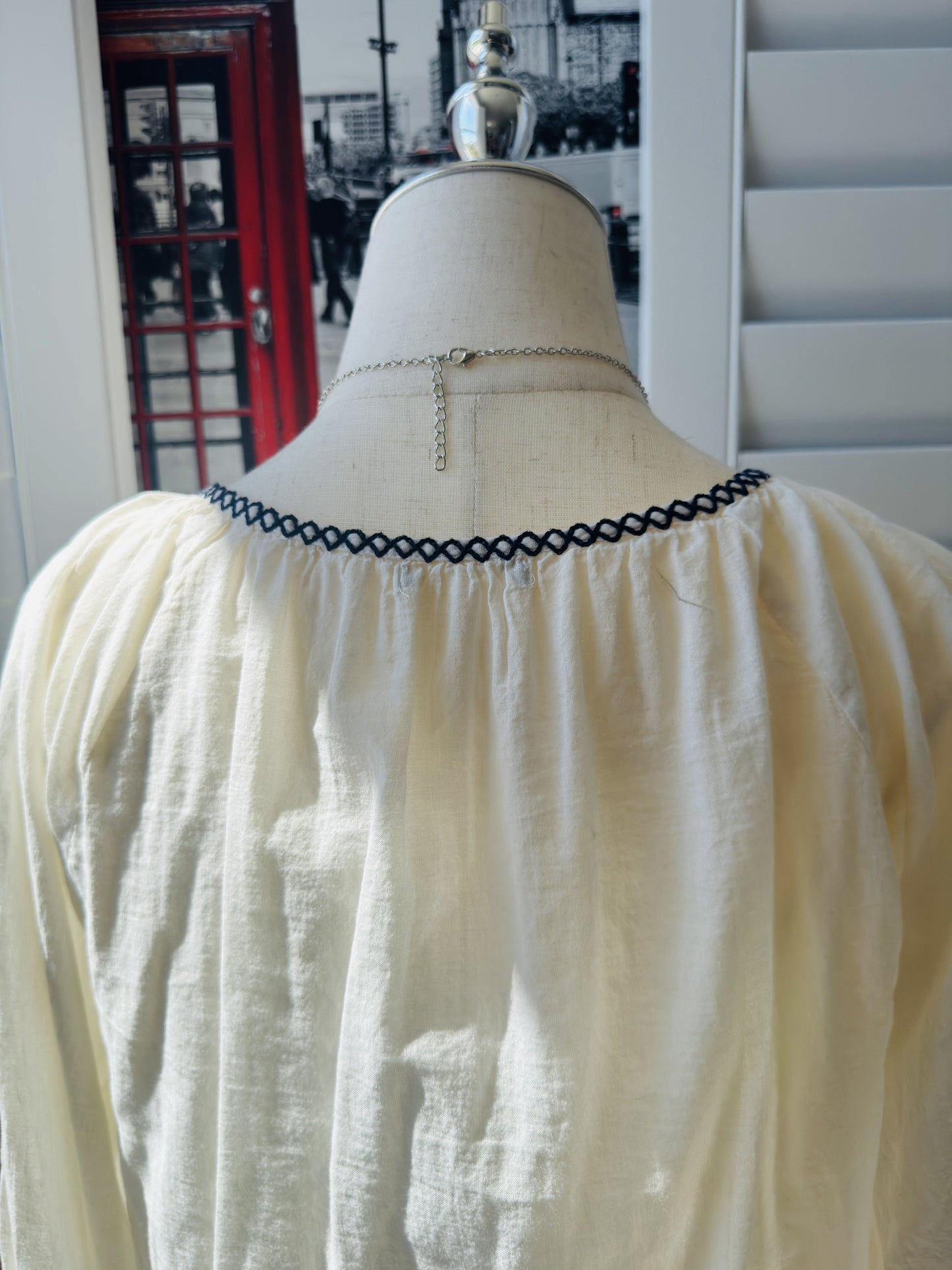 Cream Embroidered Tassel Boho Peasant Blouse - Size M