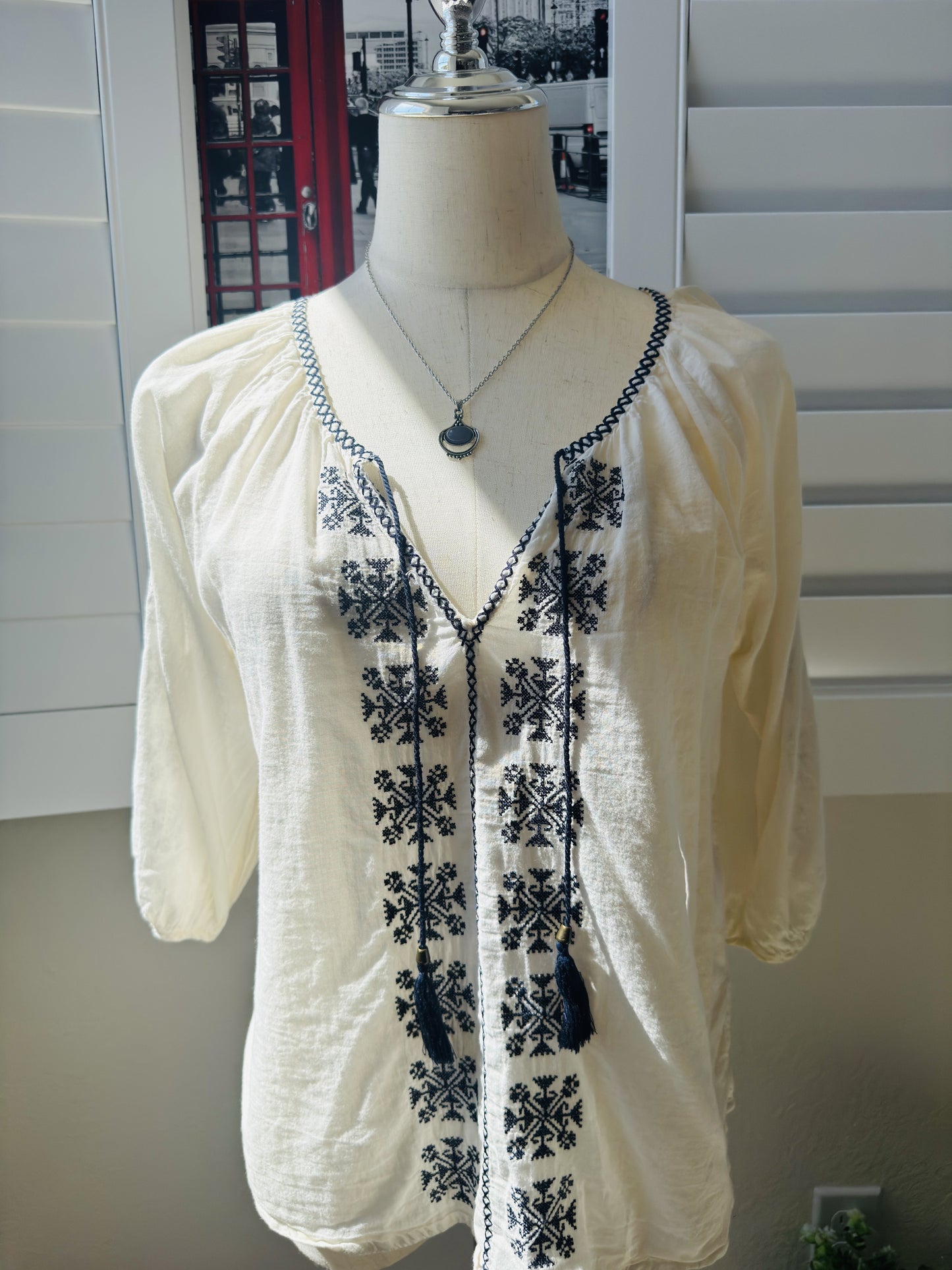 Cream Embroidered Tassel Boho Peasant Blouse - Size M