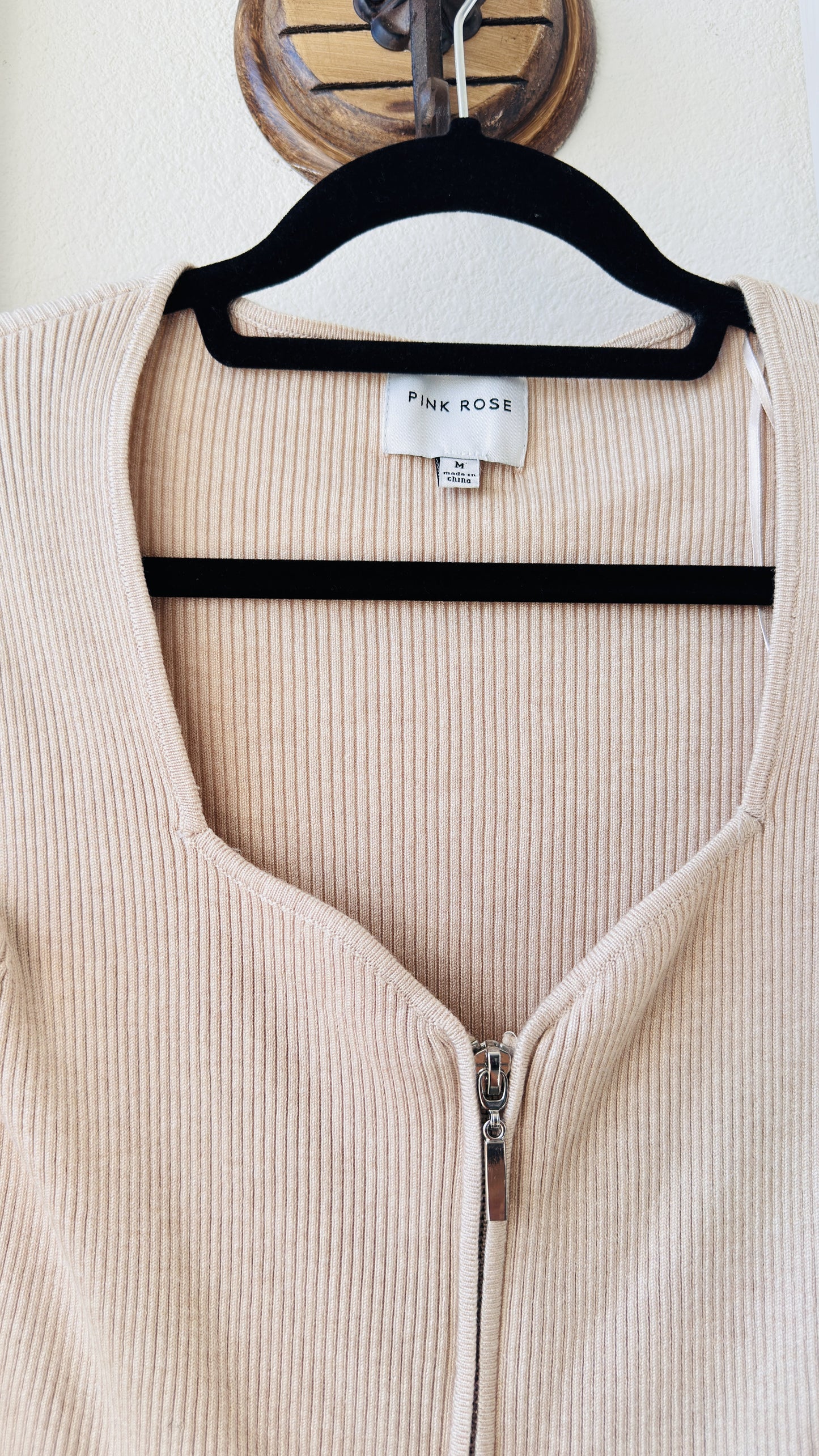 Pink Rose Ribbed Full-Zip Long Sleeve Top - Size M