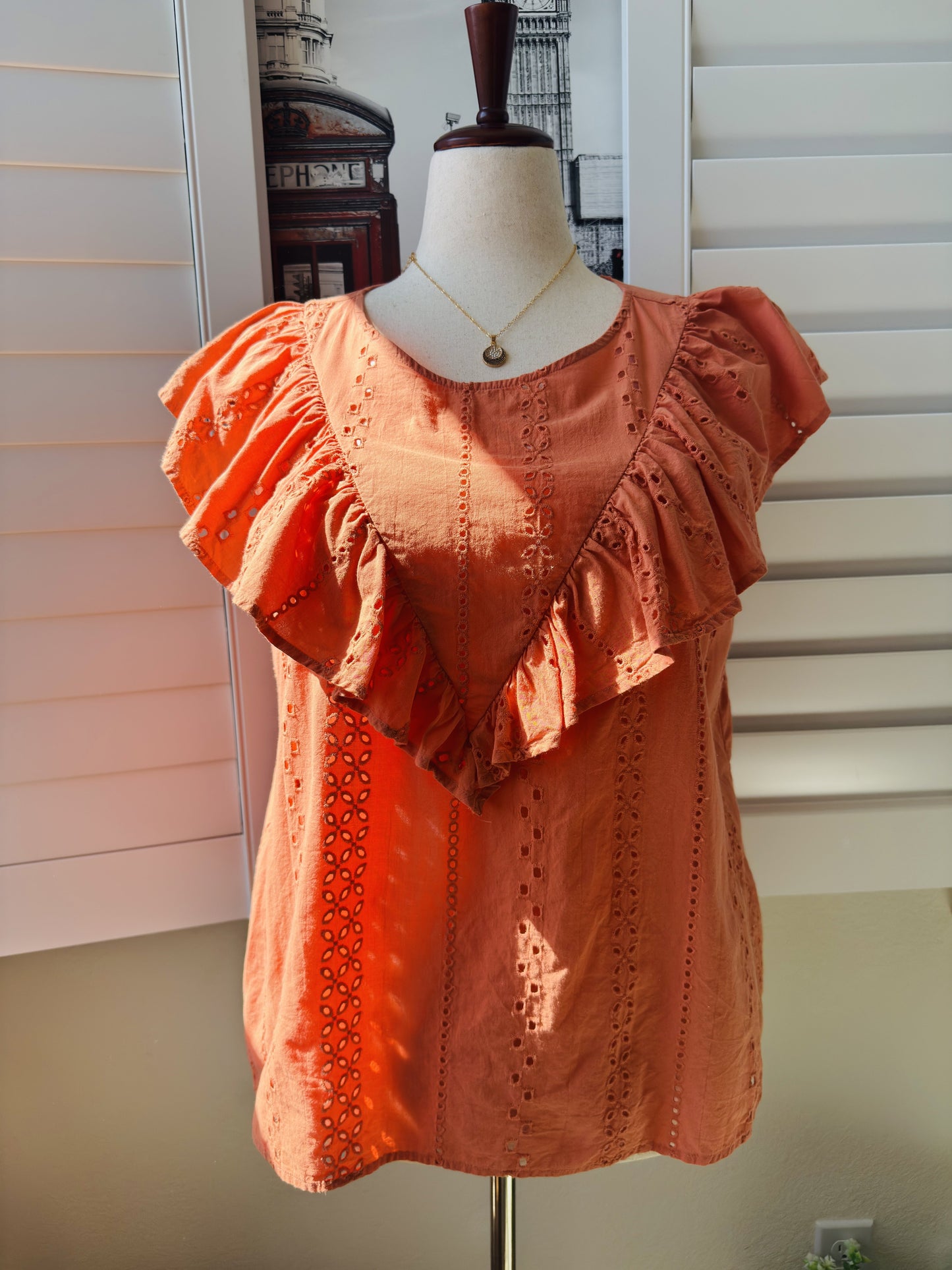 a.n.a a new approach Orange Eyelet Ruffle Flutter Sleeve Top Size XL