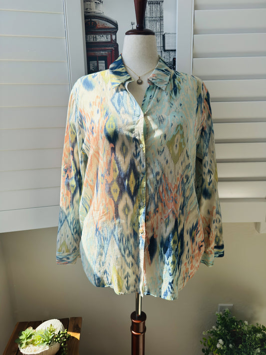 Chico's Abstract Ikat Print 100% Cotton Button Down Shirt Size 3 (XL)