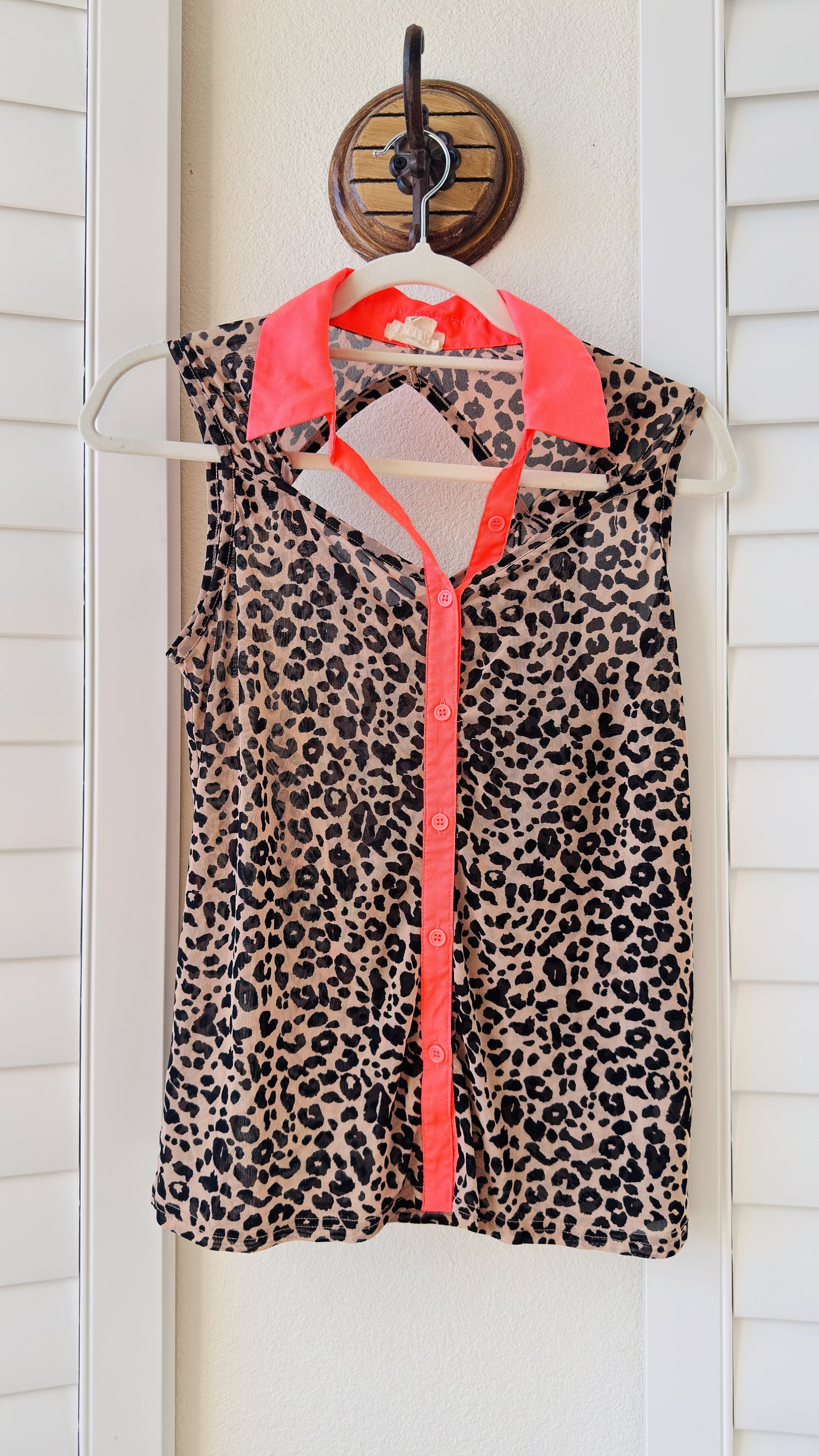 One Clothing Leopard Print Mesh Sleeveless Top with Neon Pink Collar - Size S