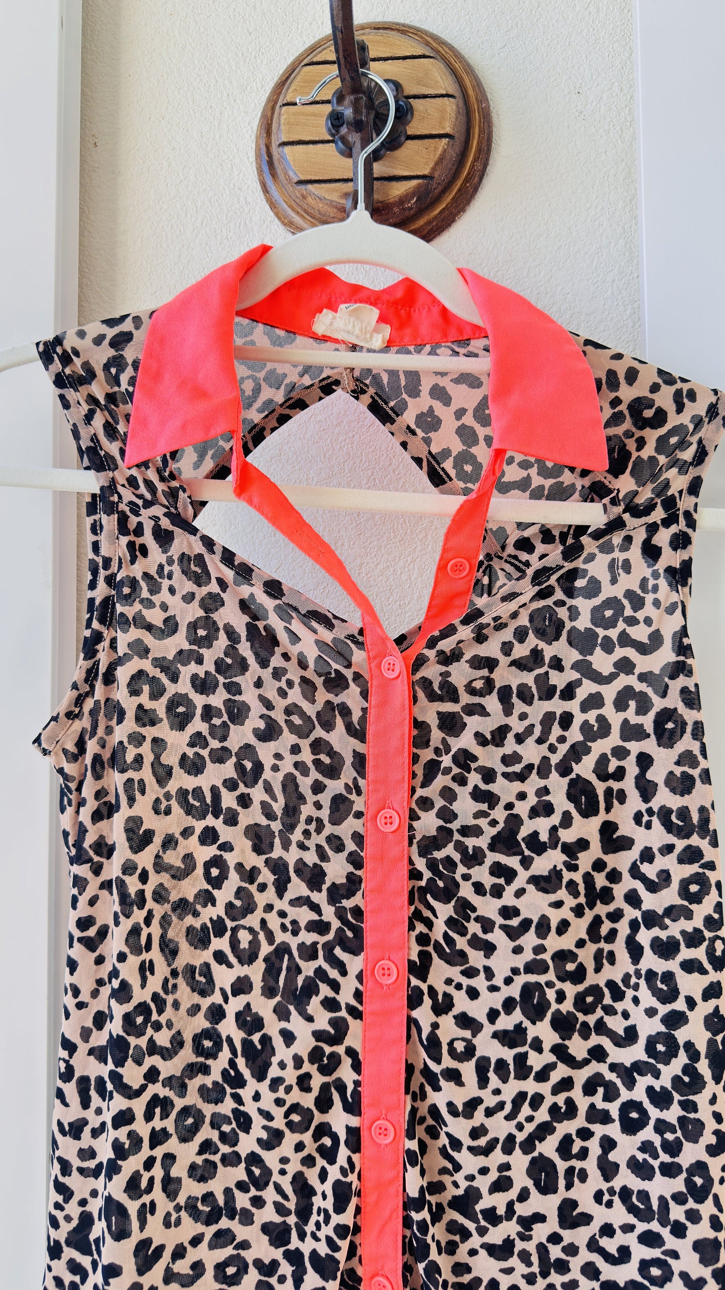 One Clothing Leopard Print Mesh Sleeveless Top with Neon Pink Collar - Size S