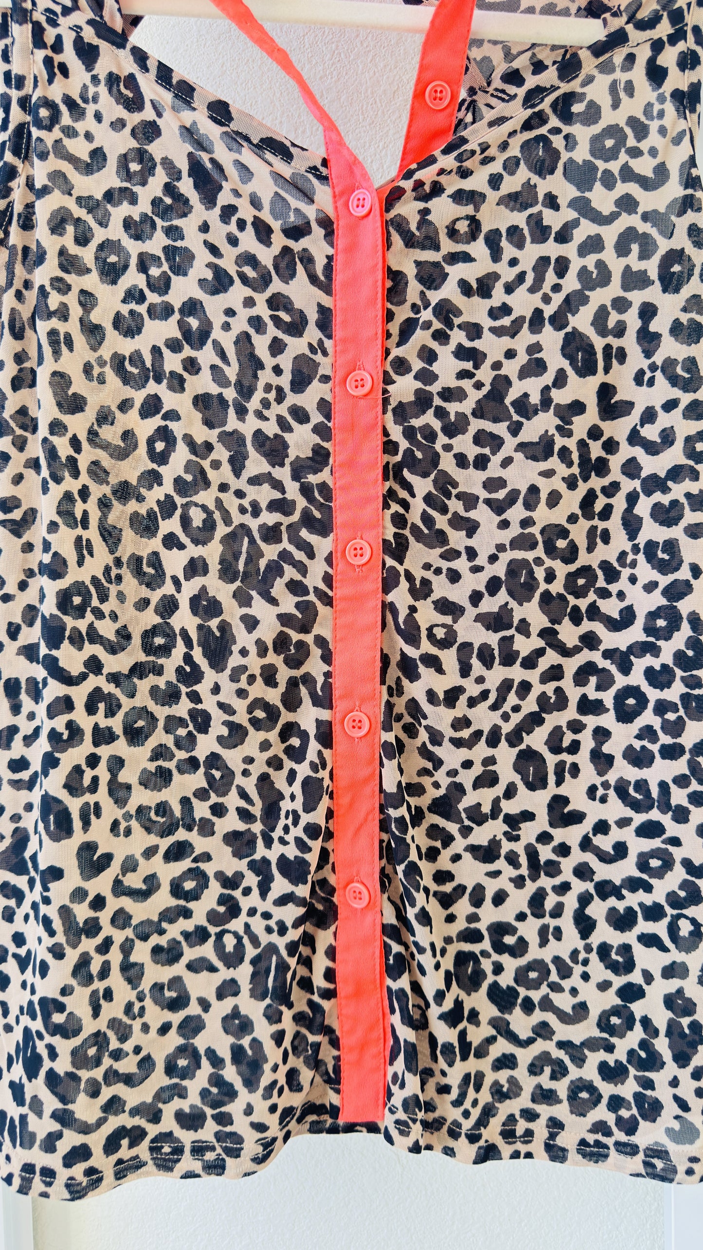 One Clothing Leopard Print Mesh Sleeveless Top with Neon Pink Collar - Size S