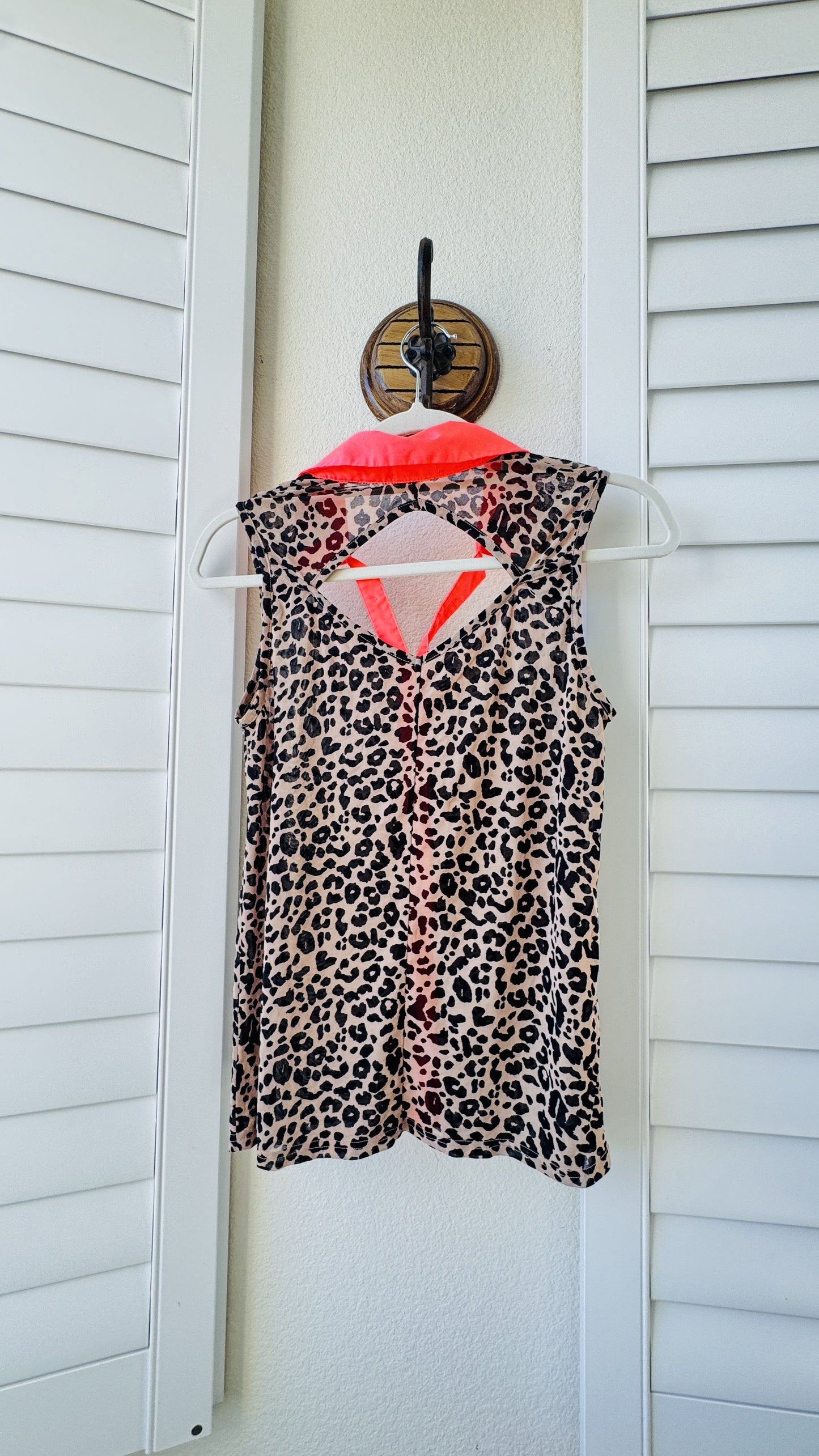 One Clothing Leopard Print Mesh Sleeveless Top with Neon Pink Collar - Size S