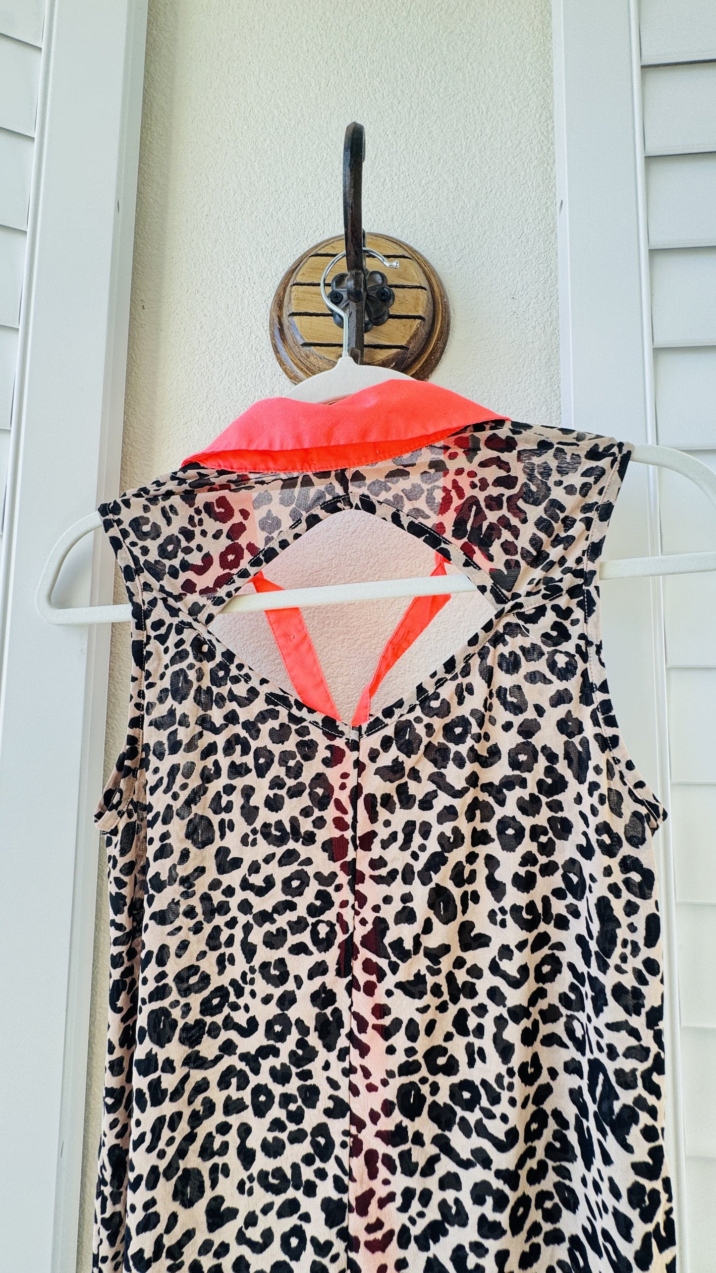 One Clothing Leopard Print Mesh Sleeveless Top with Neon Pink Collar - Size S