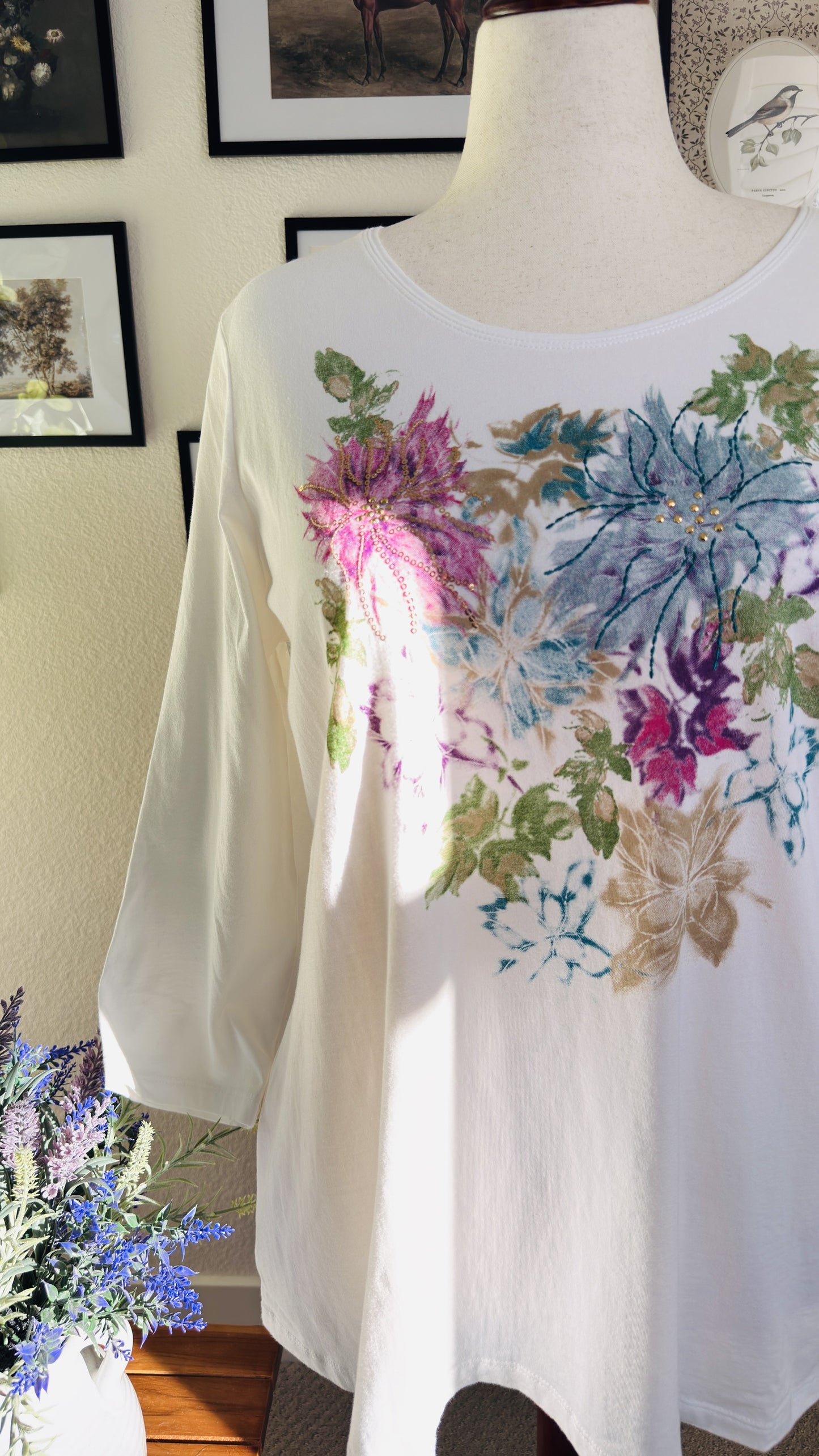 Laura Scott Woman Floral Sequin 3/4 Sleeve Top - Size 1X
