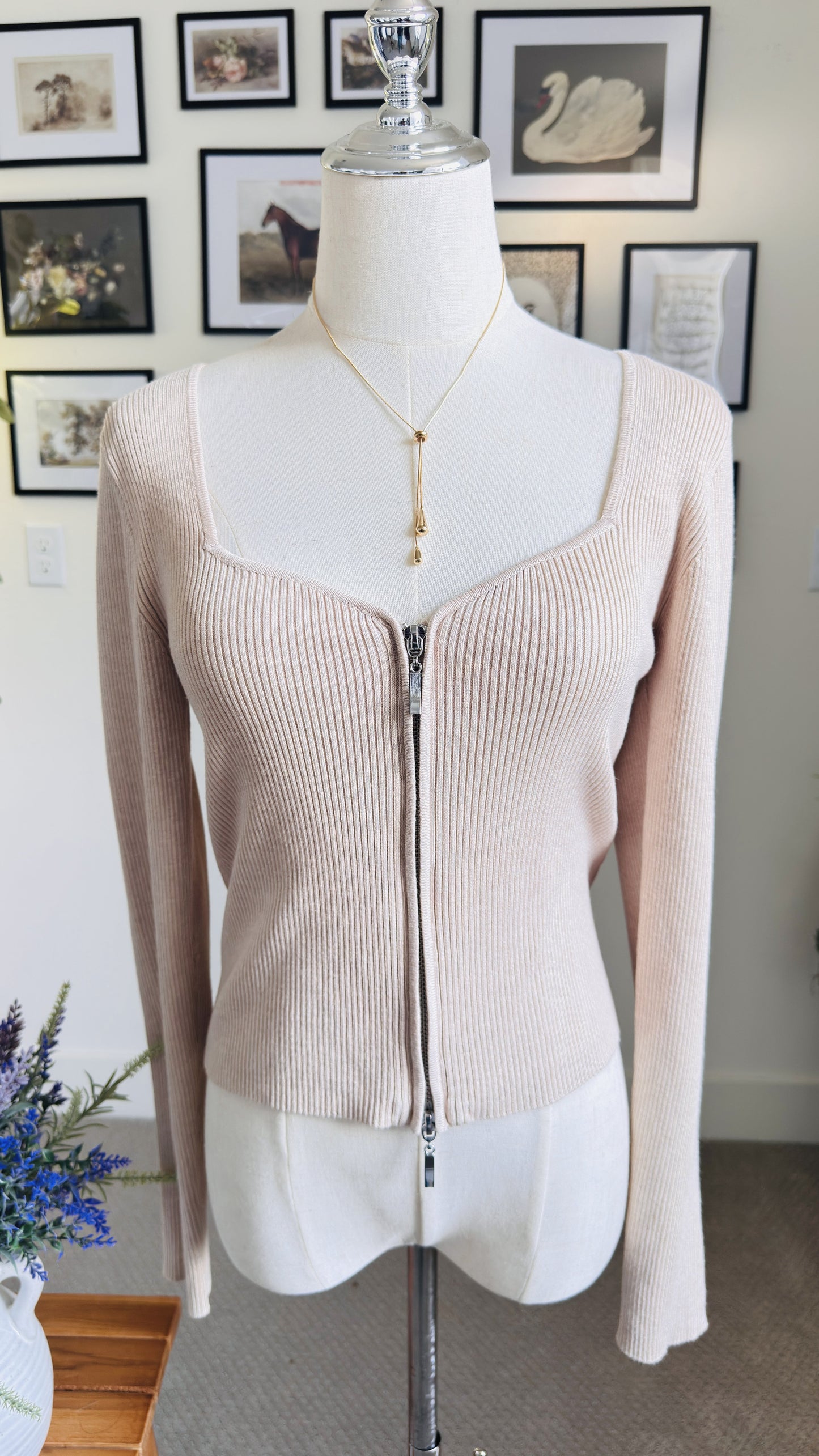 Pink Rose Ribbed Full-Zip Long Sleeve Top - Size M