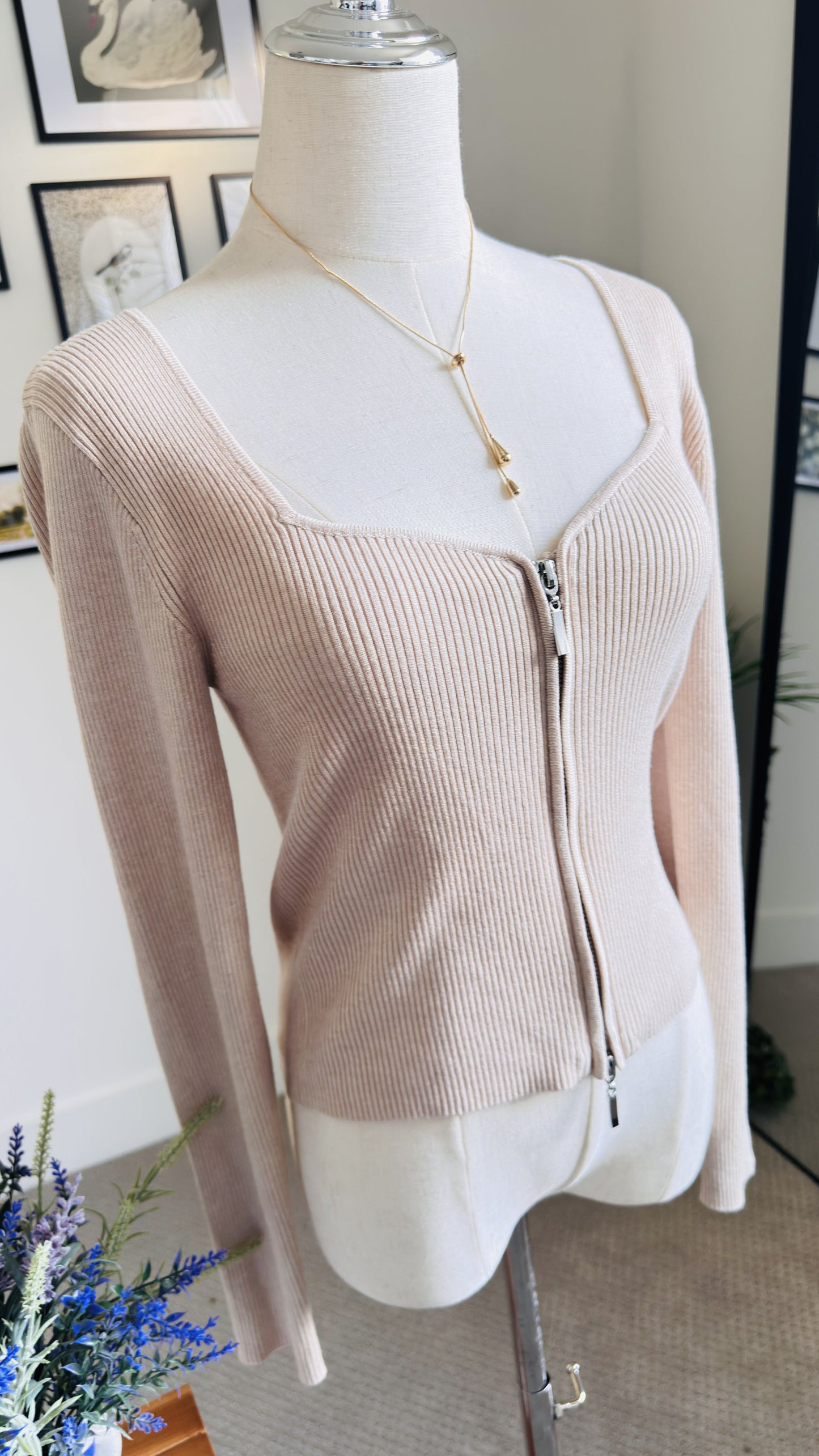 Pink Rose Ribbed Full-Zip Long Sleeve Top - Size M
