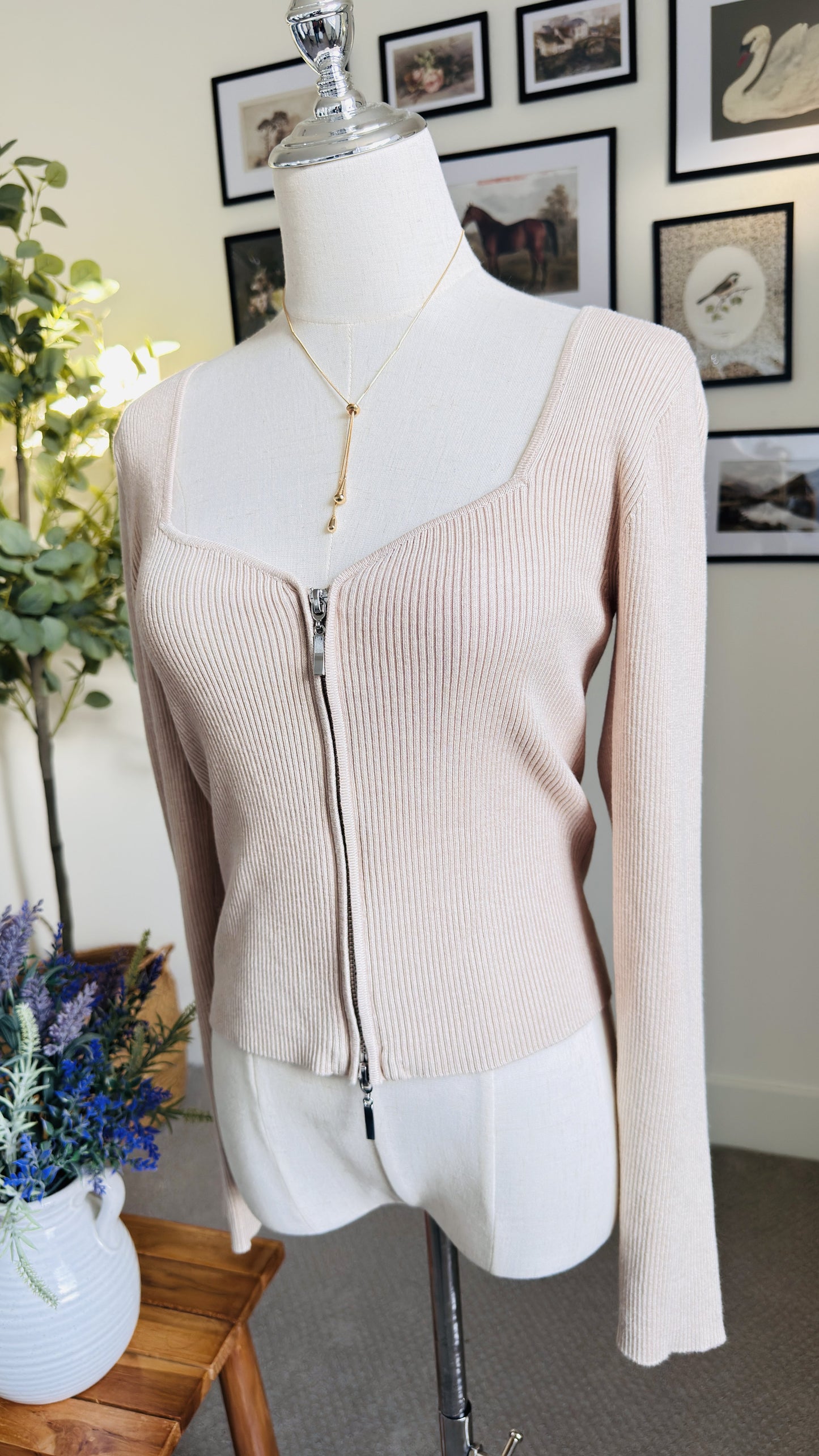 Pink Rose Ribbed Full-Zip Long Sleeve Top - Size M
