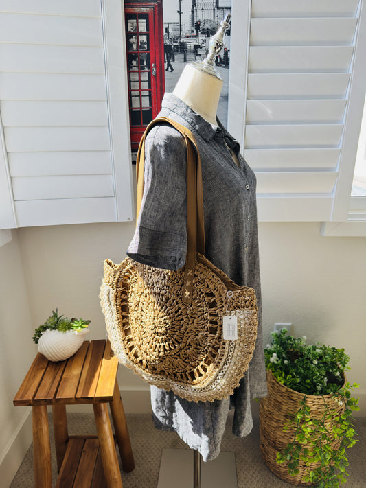 Round Straw Tote Bag with Lace Trim OS