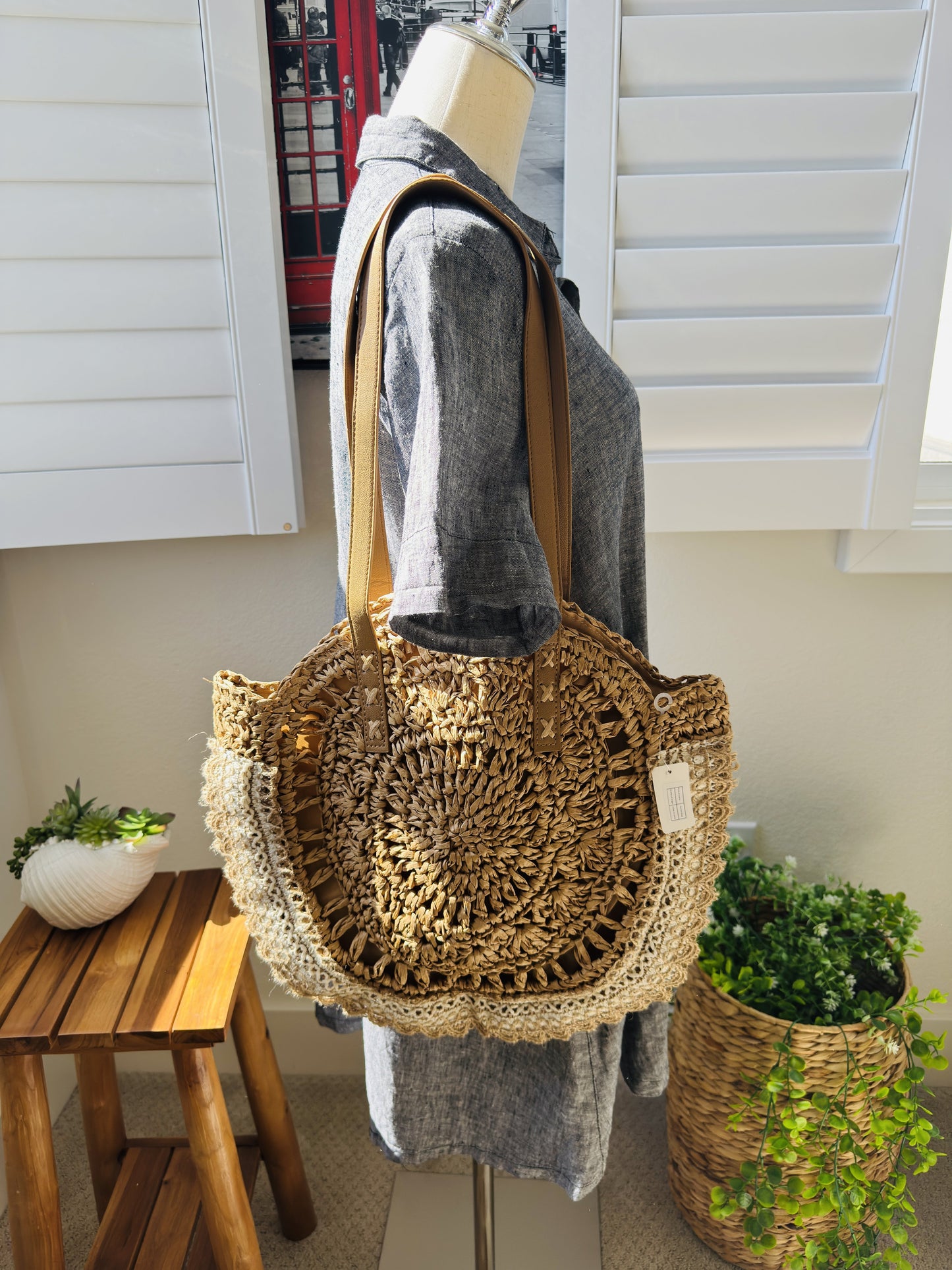 Round Straw Tote Bag with Lace Trim OS