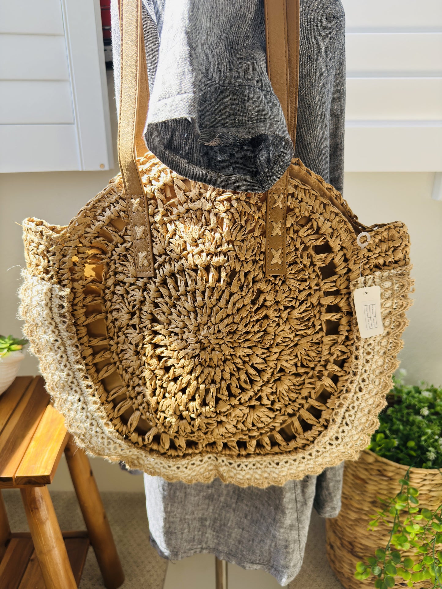 Round Straw Tote Bag with Lace Trim OS