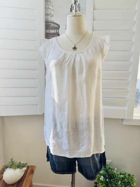 Terzo Millennio White 100% Linen Flutter Sleeve Blouse Made in Italy Size M