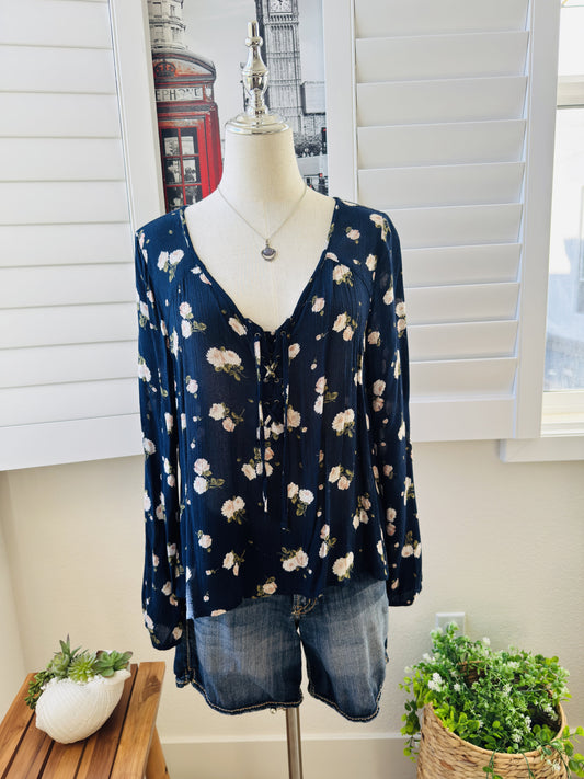 Hollister Navy Floral Lace-Up Front Long Sleeve Blouse Size L