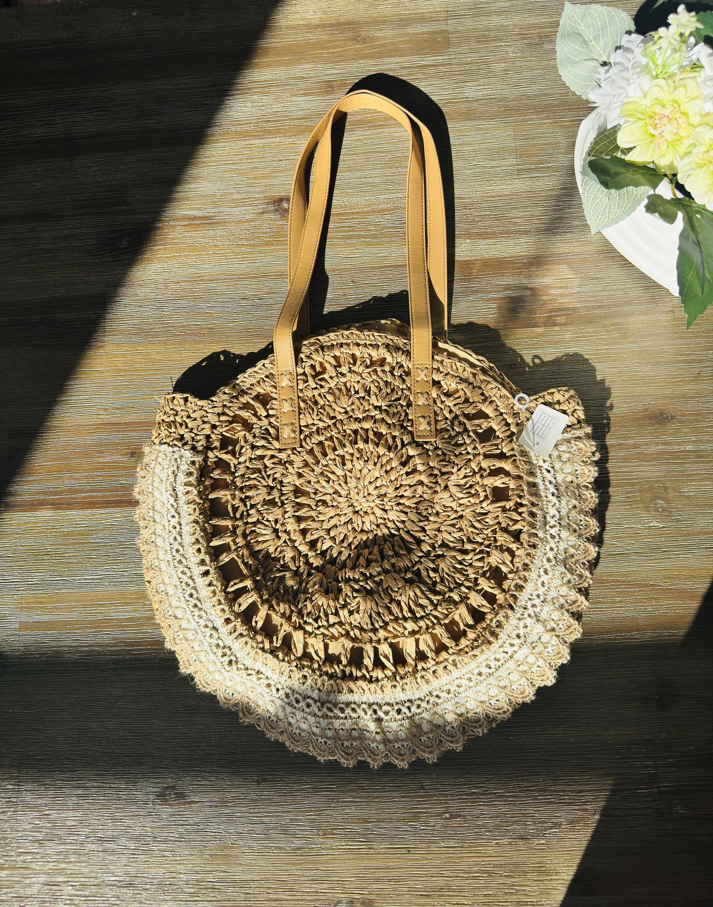 Round Straw Tote Bag with Lace Trim OS