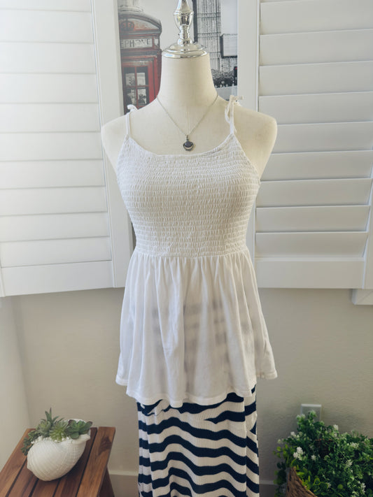 American Eagle White Smocked Tie-Strap Babydoll Tank Top Size Medium