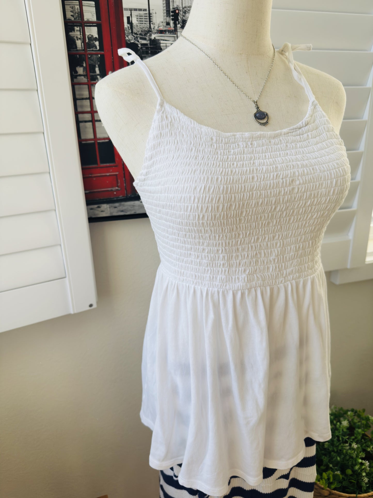 American Eagle White Smocked Tie-Strap Babydoll Tank Top Size Medium