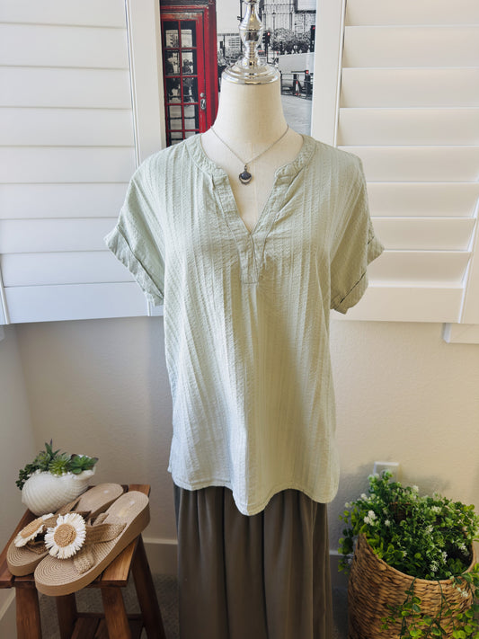 Matty M Sage Green Textured Cotton Split Neck Top Size M