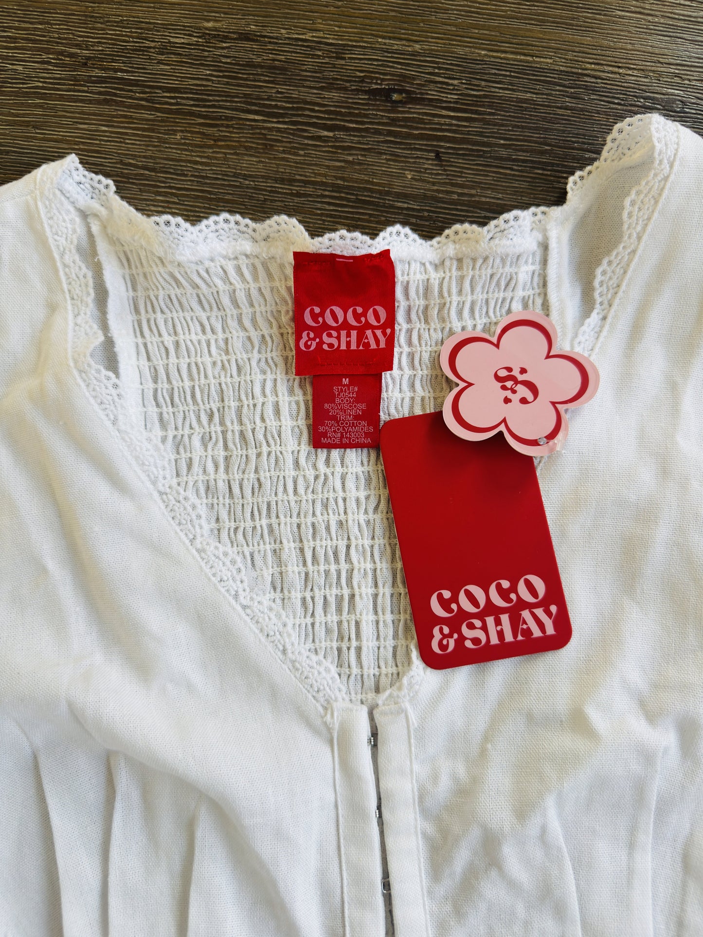 Coco & Shay White Smocked Lace Trim Linen-Blend Vest Top Size M