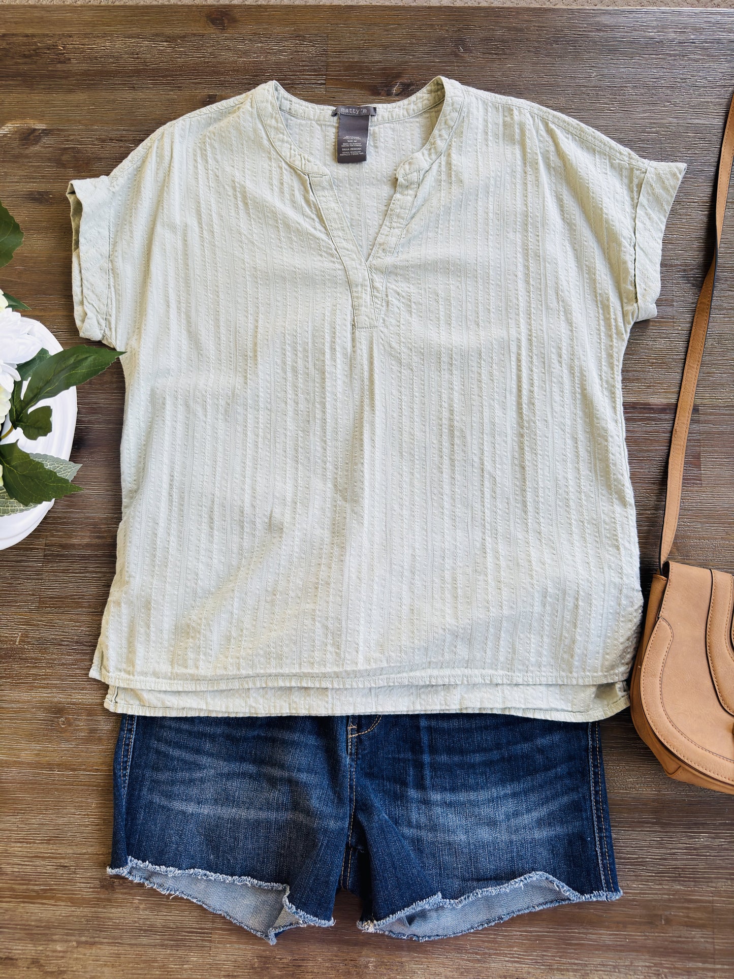 Matty M Sage Green Textured Cotton Split Neck Top Size M