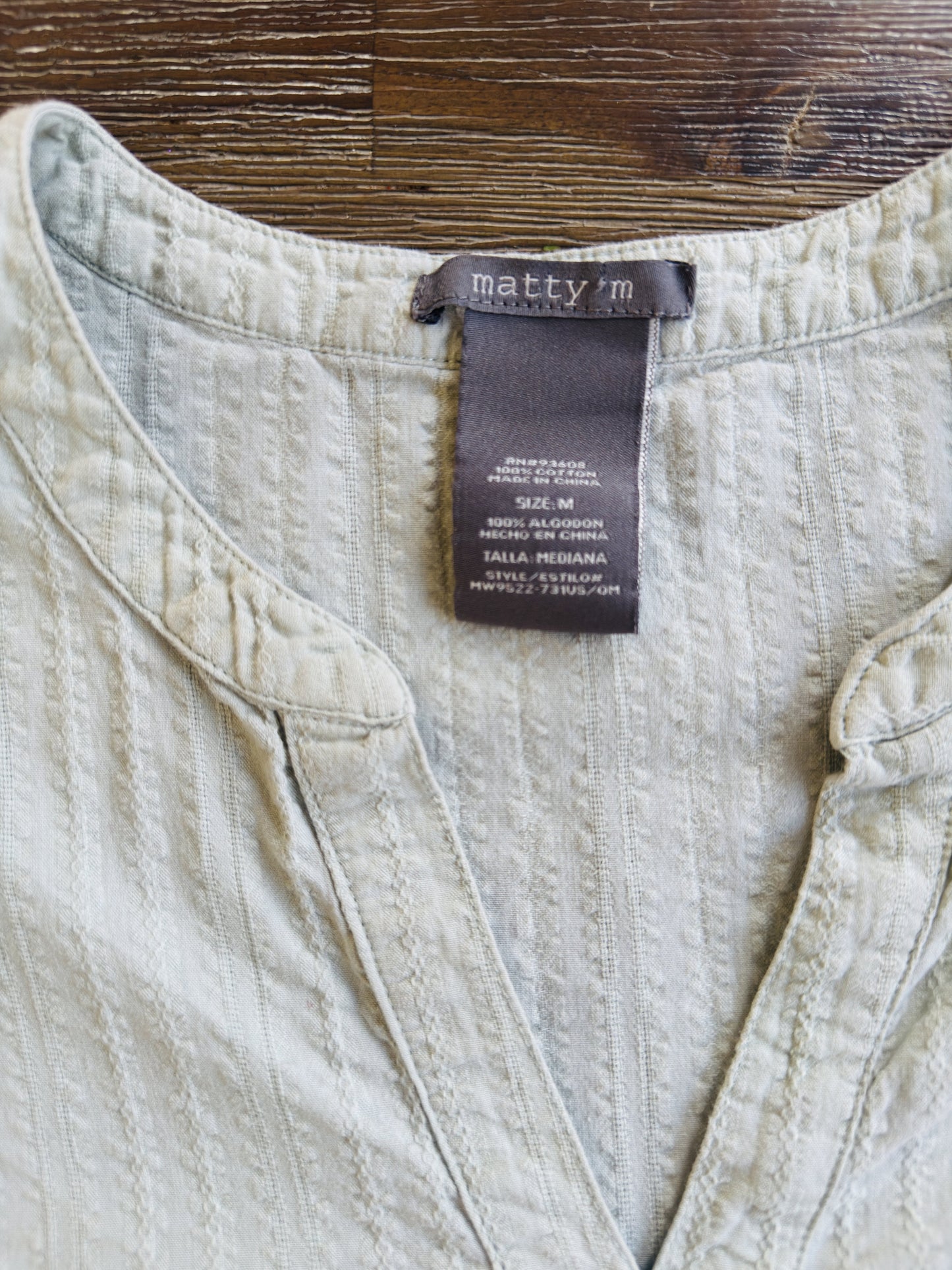 Matty M Sage Green Textured Cotton Split Neck Top Size M