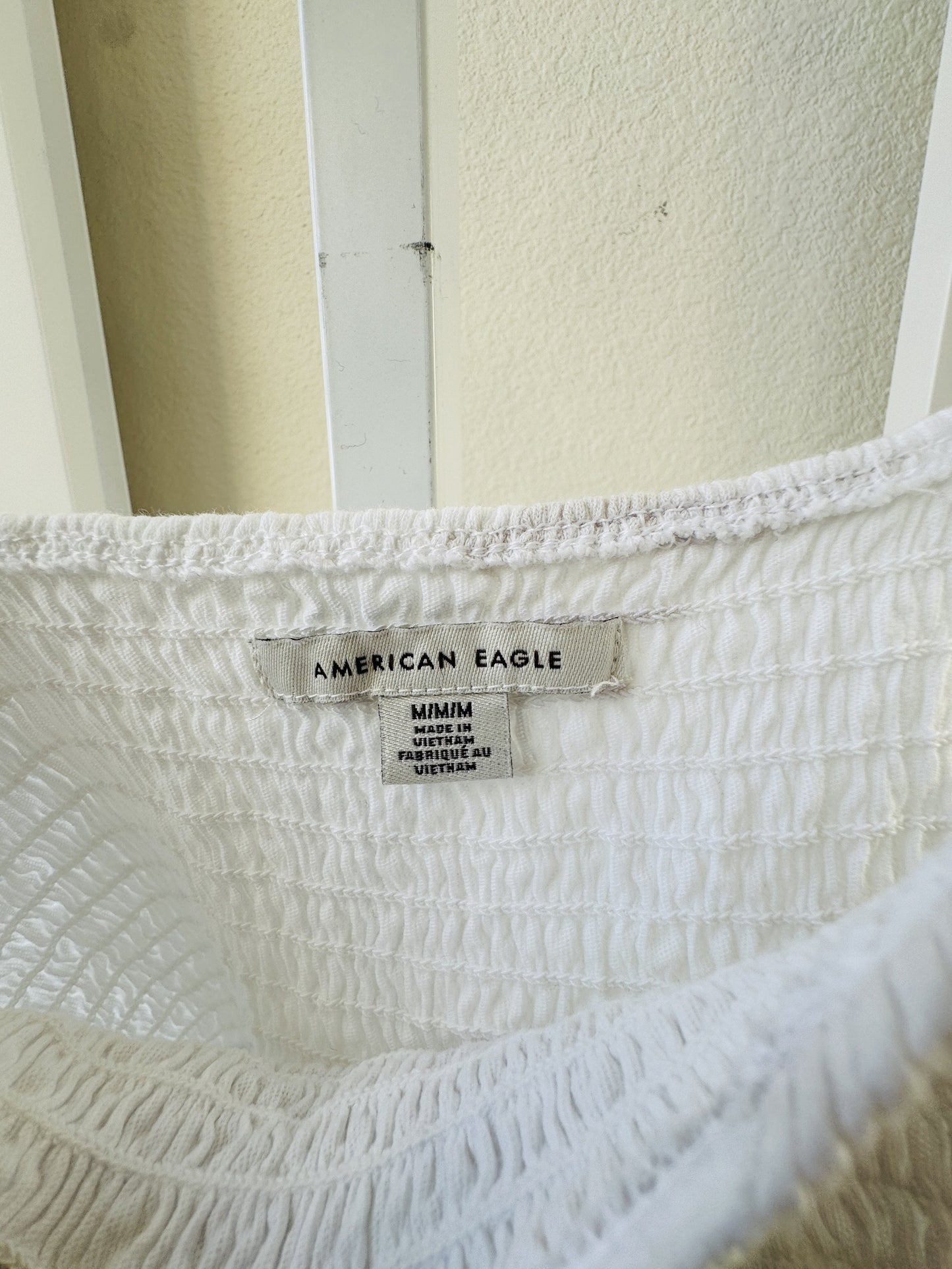 American Eagle White Smocked Tie-Strap Babydoll Tank Top Size Medium