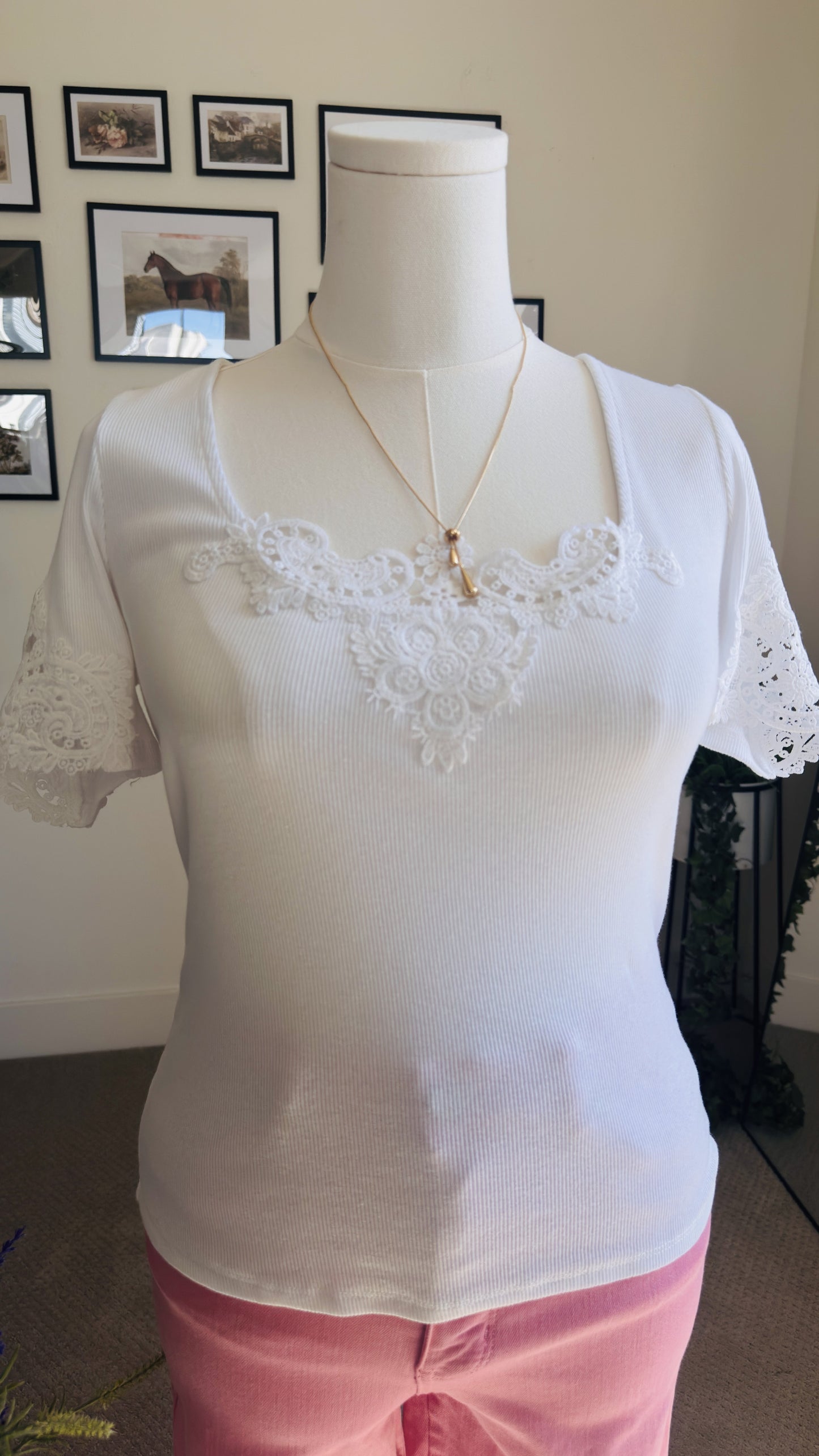 Vintage Inspired White Ribbed Lace Trim Top - Size S