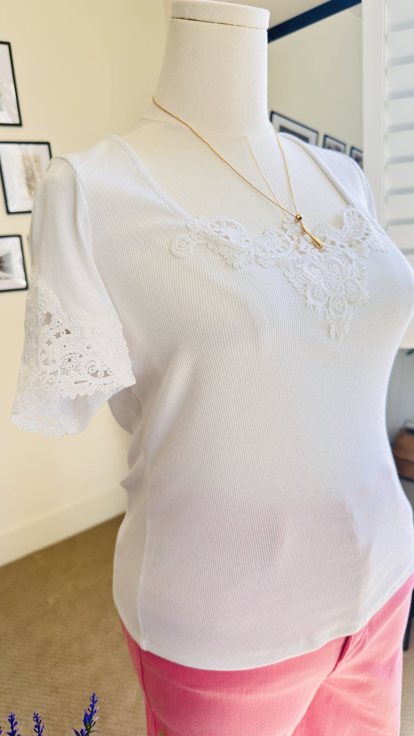 Vintage Inspired White Ribbed Lace Trim Top - Size S