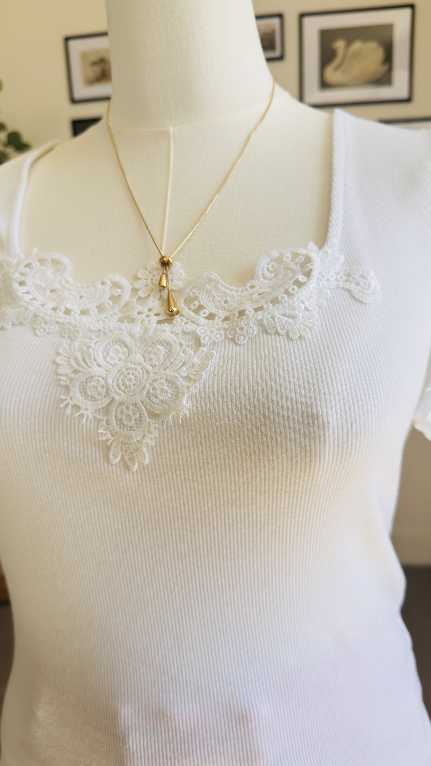 Vintage Inspired White Ribbed Lace Trim Top - Size S