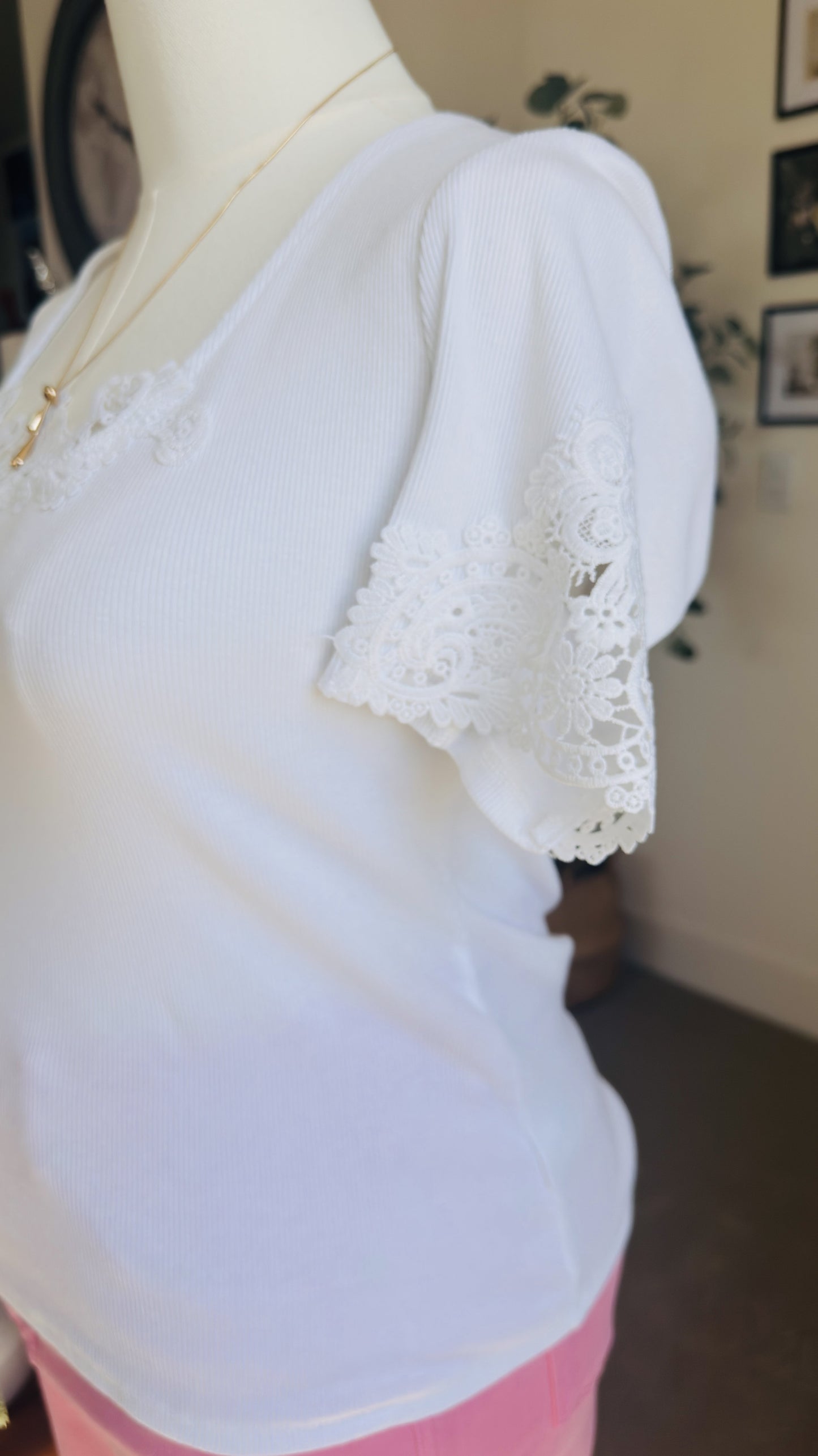 Vintage Inspired White Ribbed Lace Trim Top - Size S