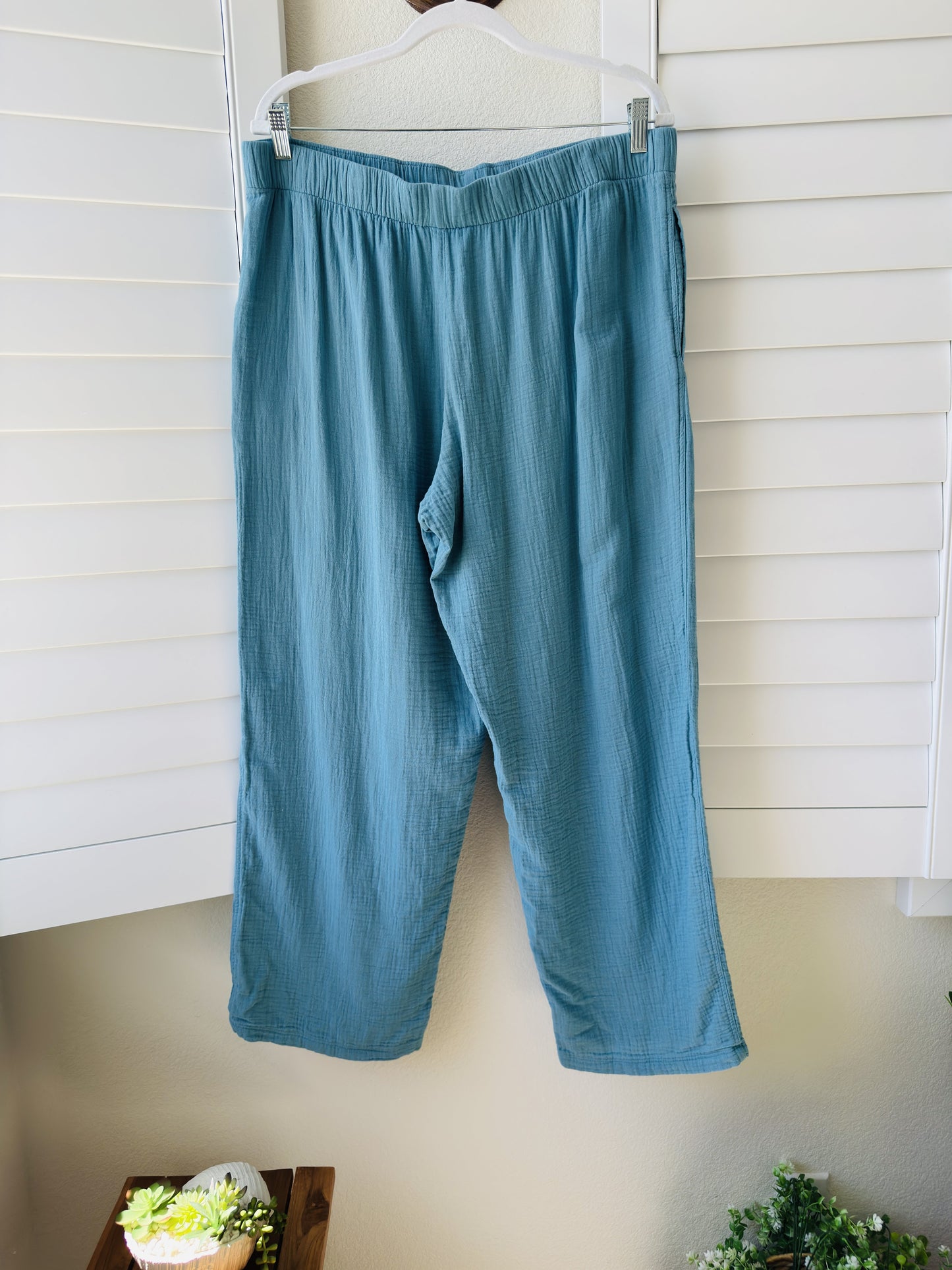 Coldwater Creek Blue 100% Cotton Gauze Wide Leg Pants Size L