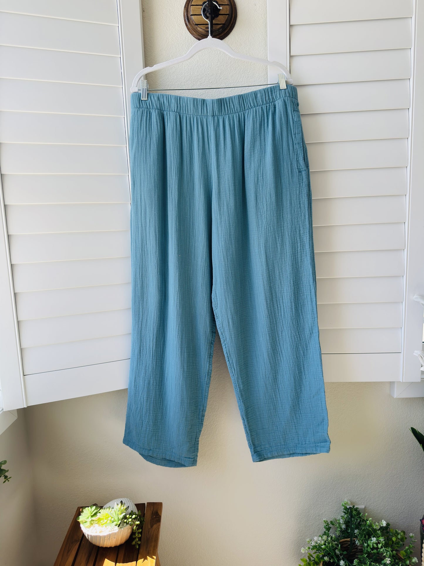 Coldwater Creek Blue 100% Cotton Gauze Wide Leg Pants Size L