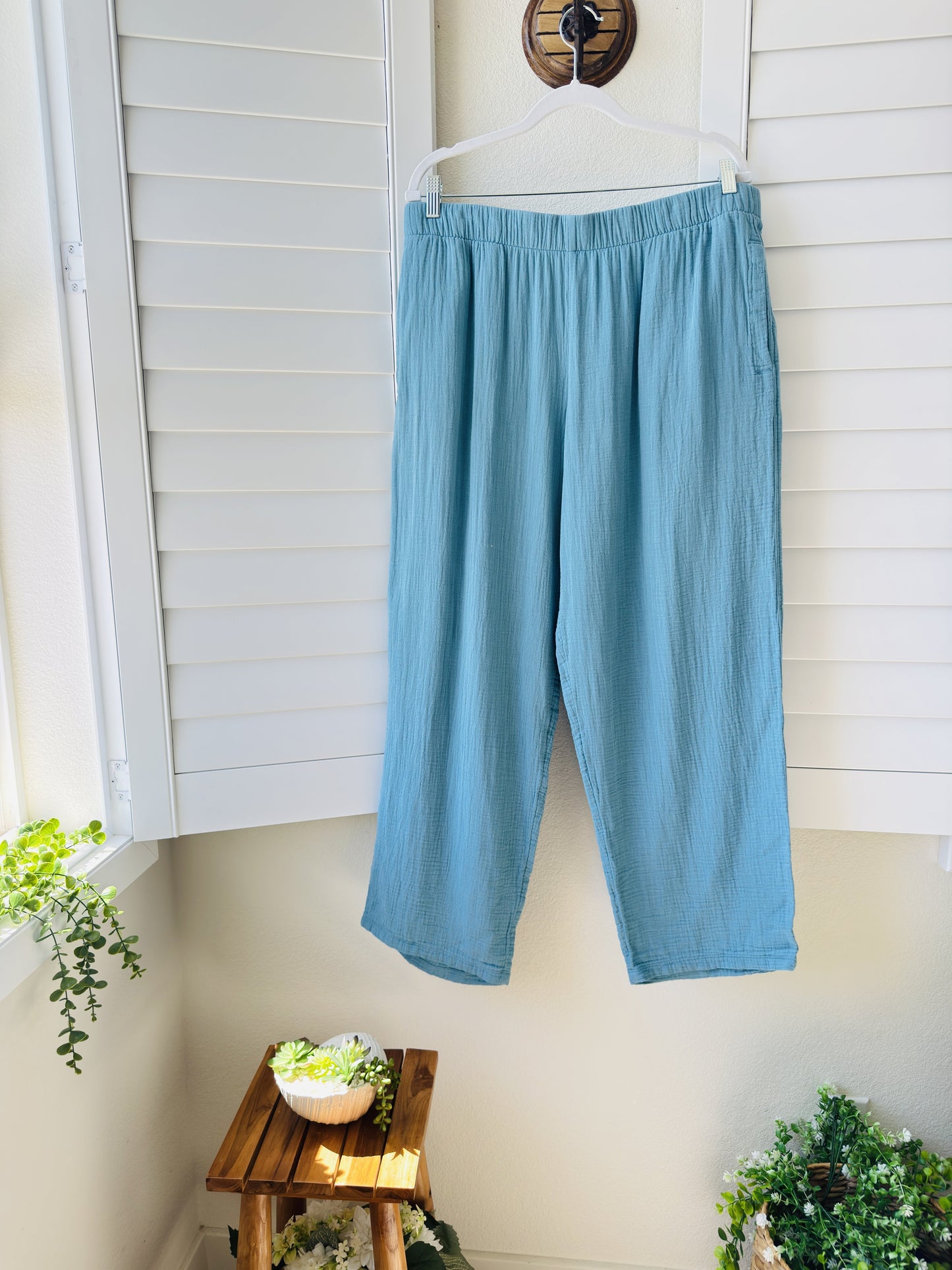 Coldwater Creek Blue 100% Cotton Gauze Wide Leg Pants Size L