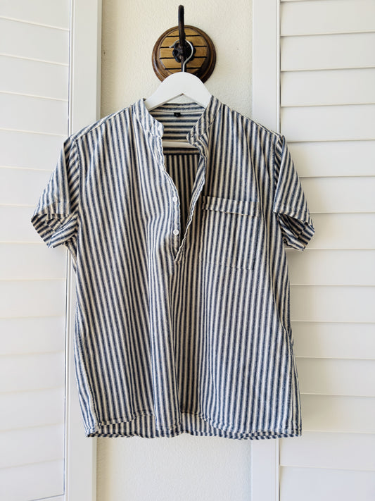 Blue & White Striped Short Sleeve Band Collar Popover Shirt - Size L